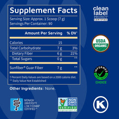 Tomorrow's Nutrition polvo de Sunfiber en primer plano, textura fina y disolución rápida