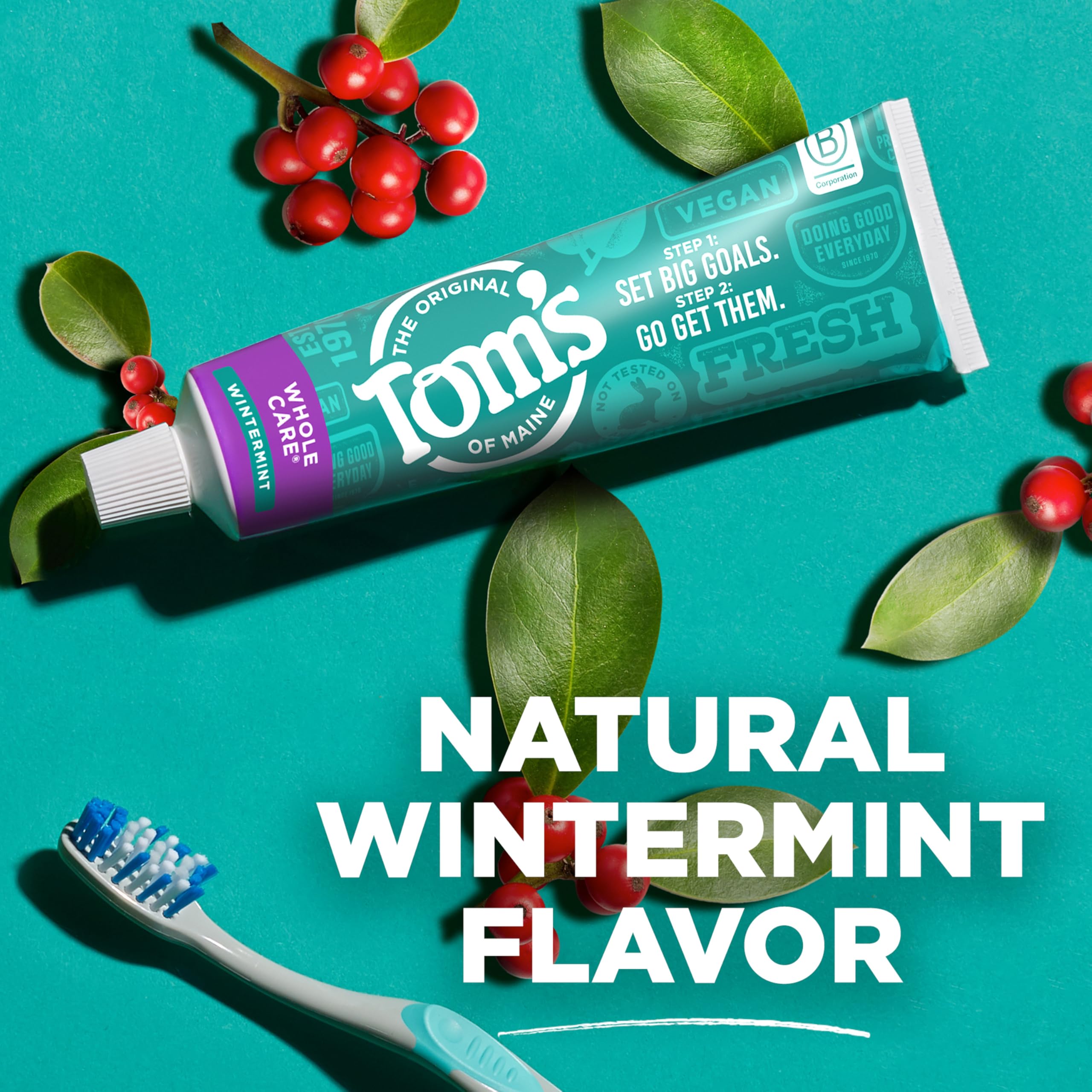 Tom's of Maine etiqueta legible con lista de ingredientes y beneficios naturales