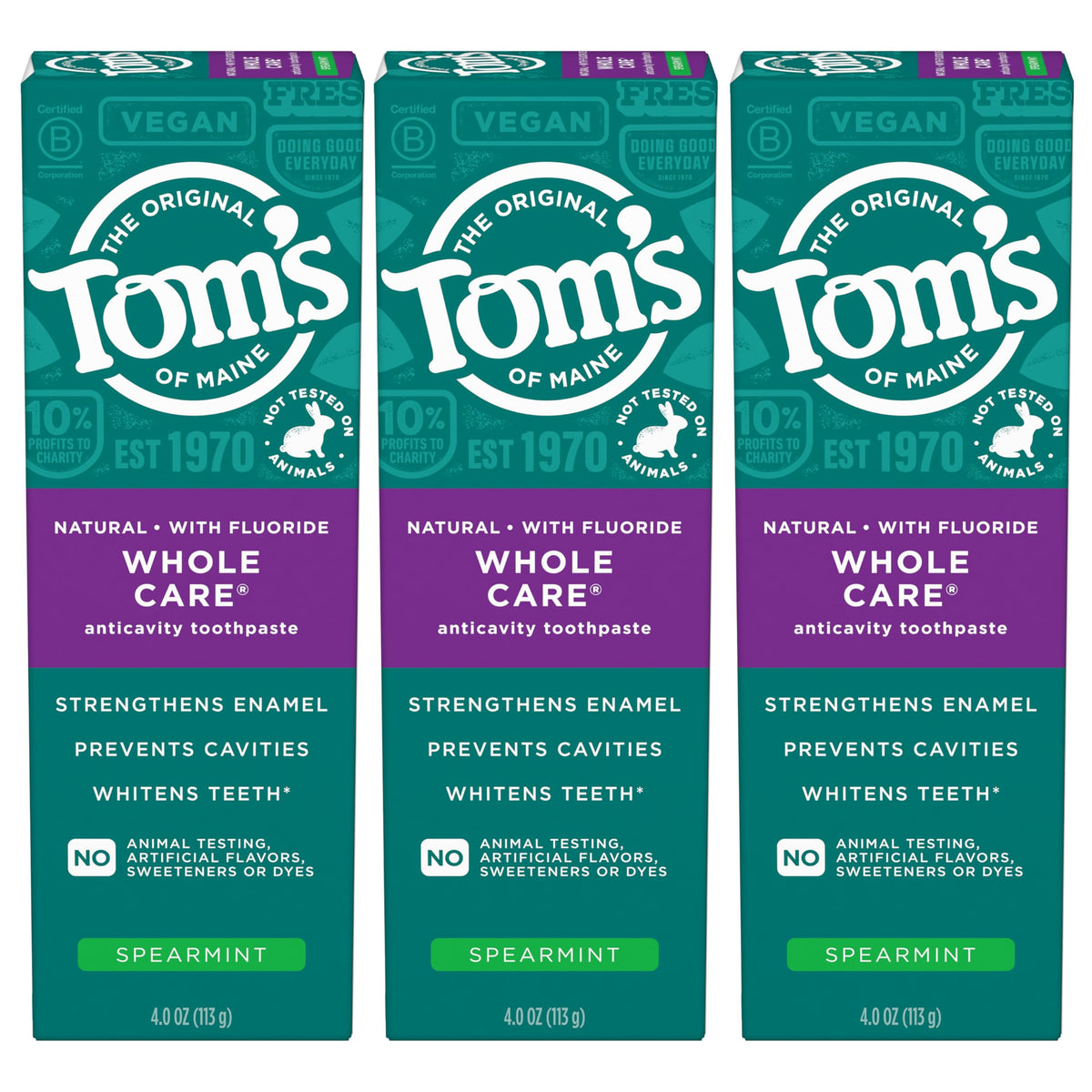 Tom's of Maine empaque frontal pack de 3 mostrando tubos y beneficio protección