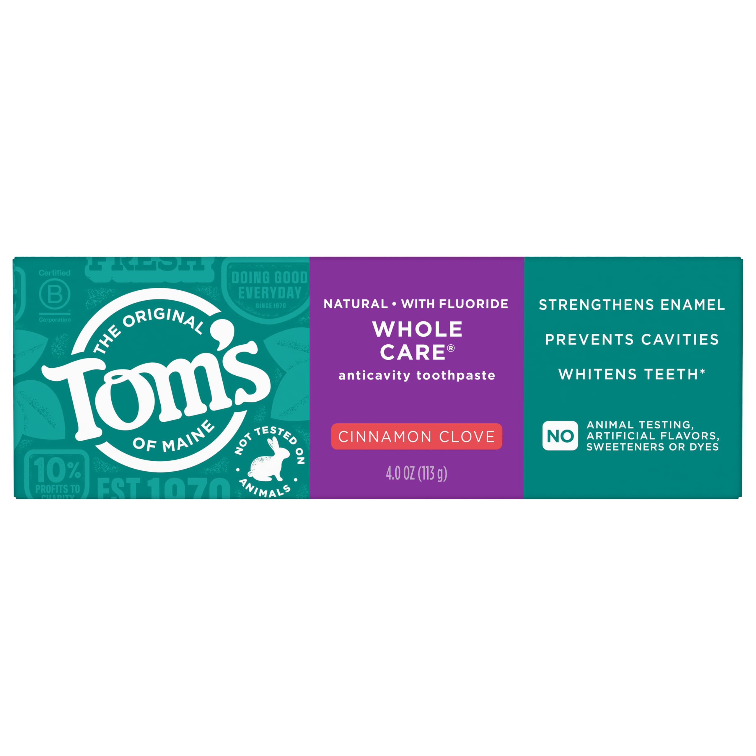 Tom's of Maine acercamiento al envase destacando sabor cinnamon clove