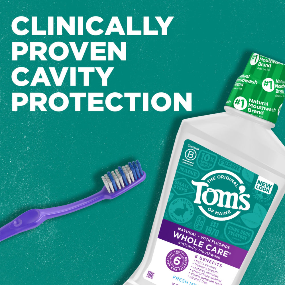 Tom's of Maine detalle de la etiqueta que muestra ingredientes y flúor beneficioso