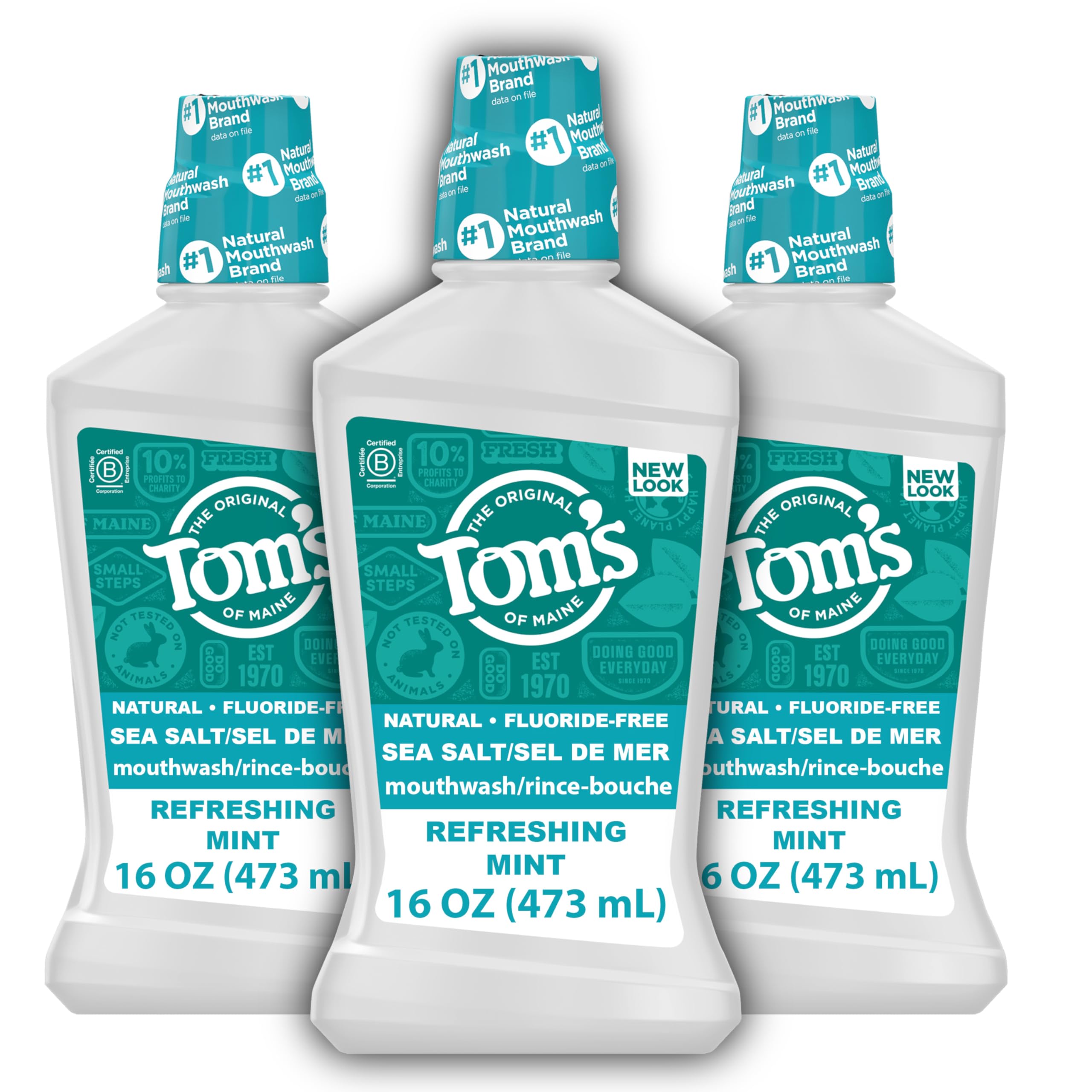 Tom's of Maine botella frontal mostrando diseño y menta, refresca el aliento