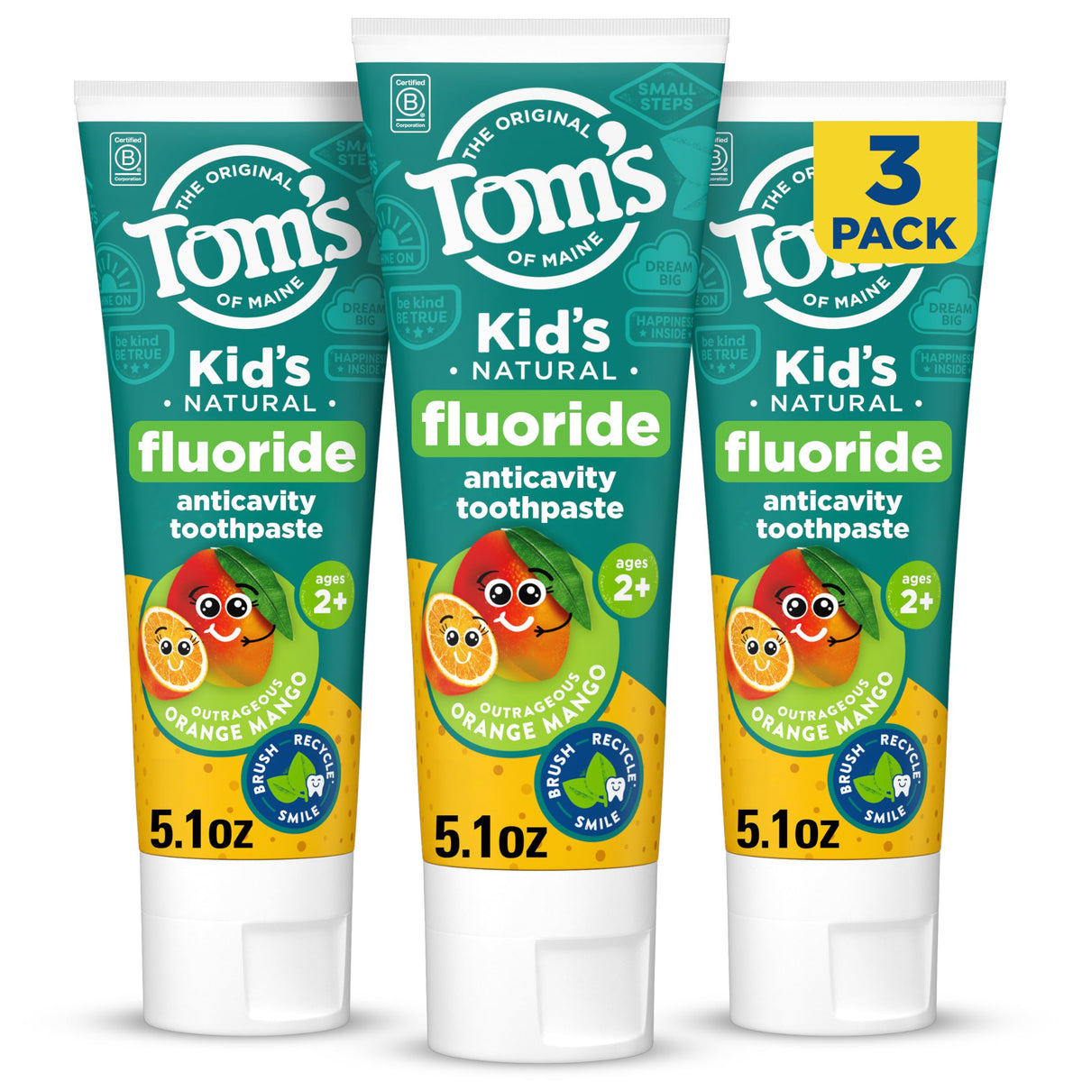 Tom's of Maine frontal del tubo naranja mango mostrando diseño y beneficio sabor agradable