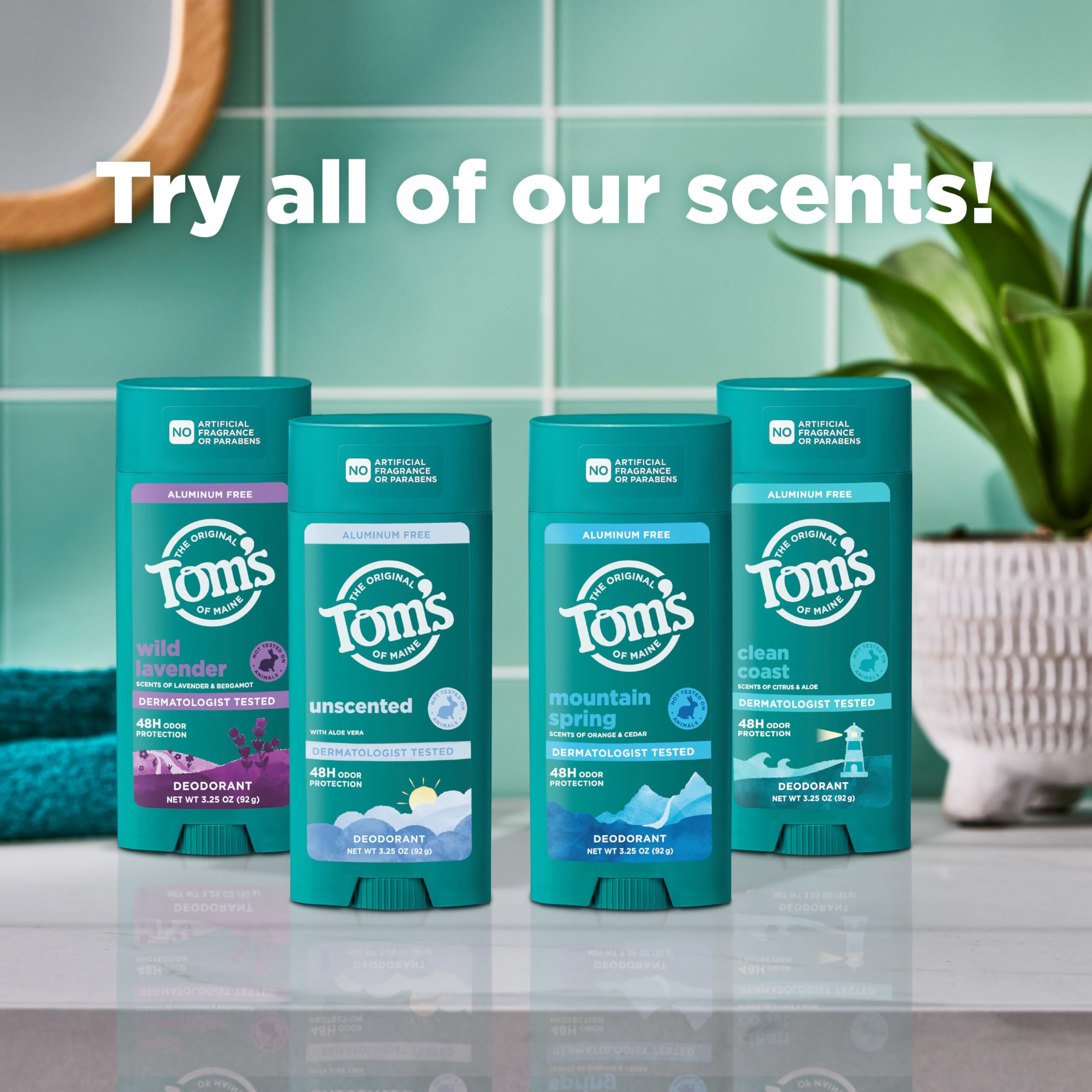 Tom's of Maine en ambiente de baño, rutina diaria sin residuos visibles