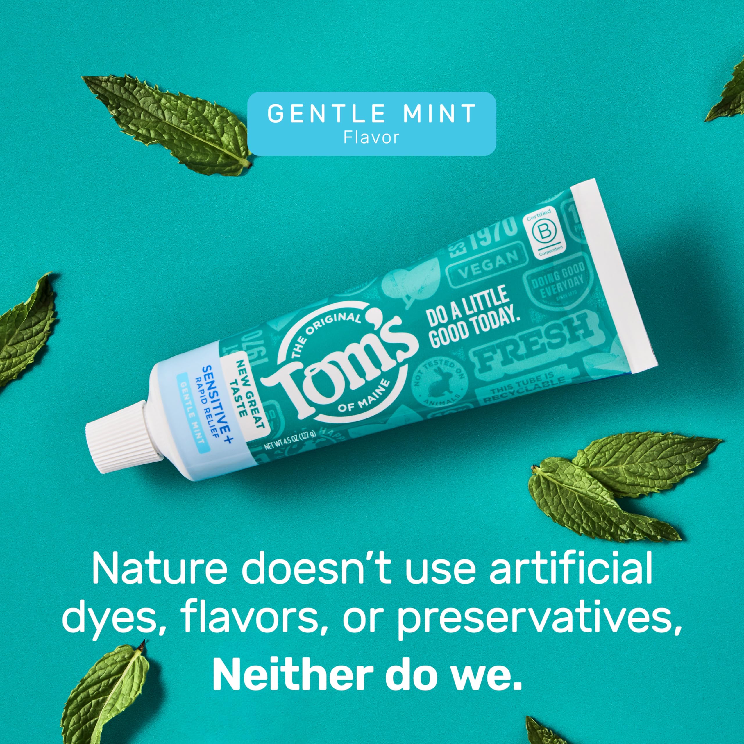 Tom's of Maine representación de menta que sugiere sabor suave y fresco
