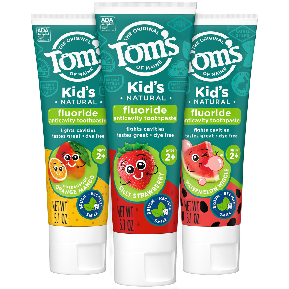 Tom's of Maine pack frontal mostrando los tres sabores y beneficio anticaries