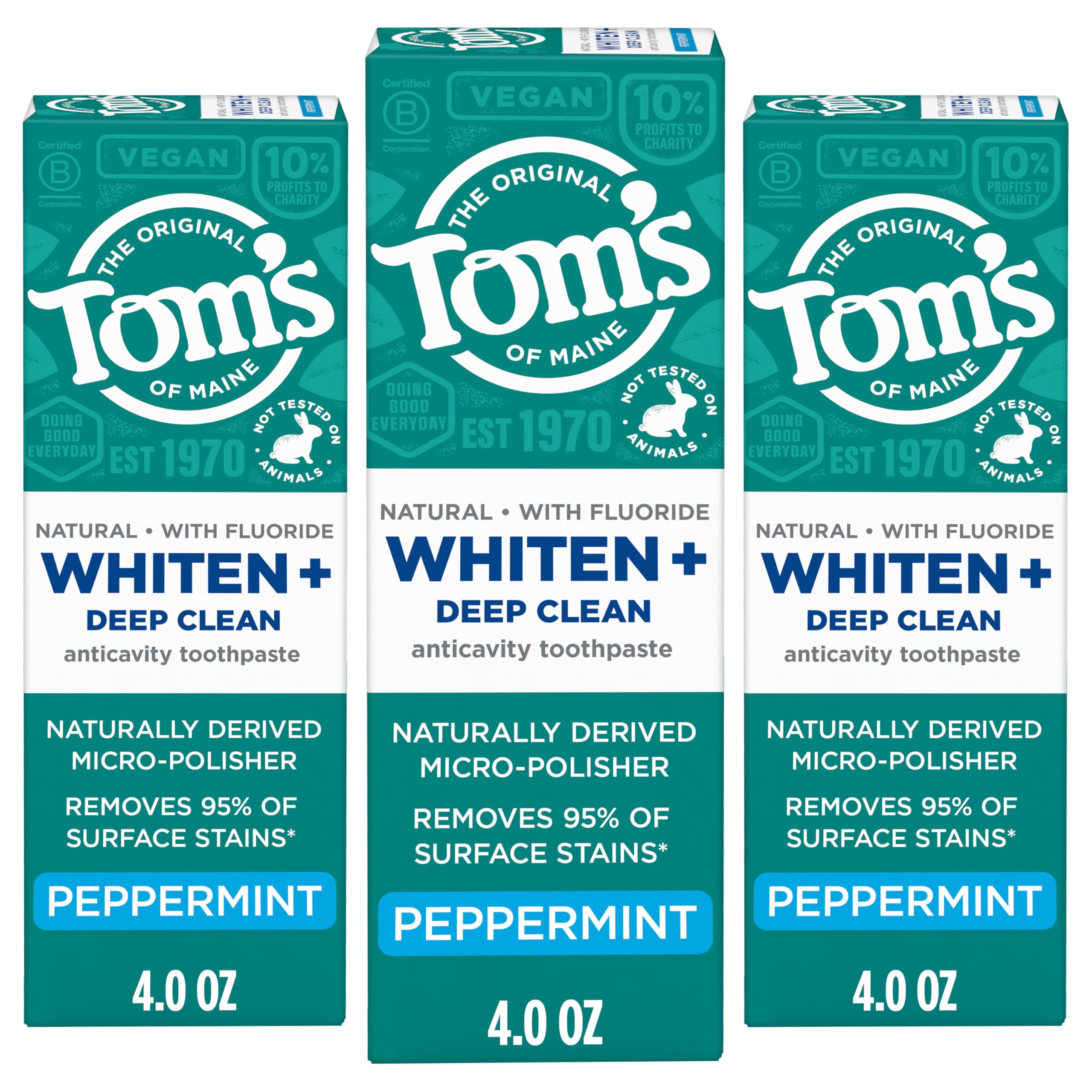 Tom's of Maine paquete frontal mostrando tres tubos y beneficio de limpieza profunda