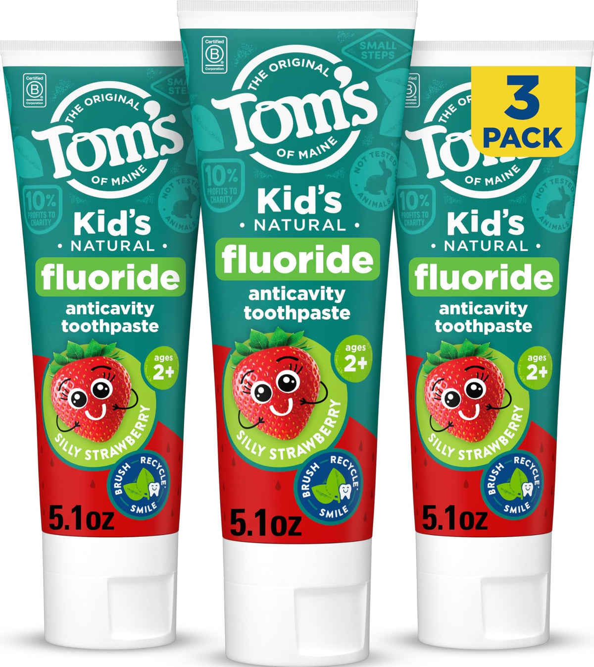 Tom's of Maine frente del empaque mostrando sabor Silly Strawberry y beneficio natural
