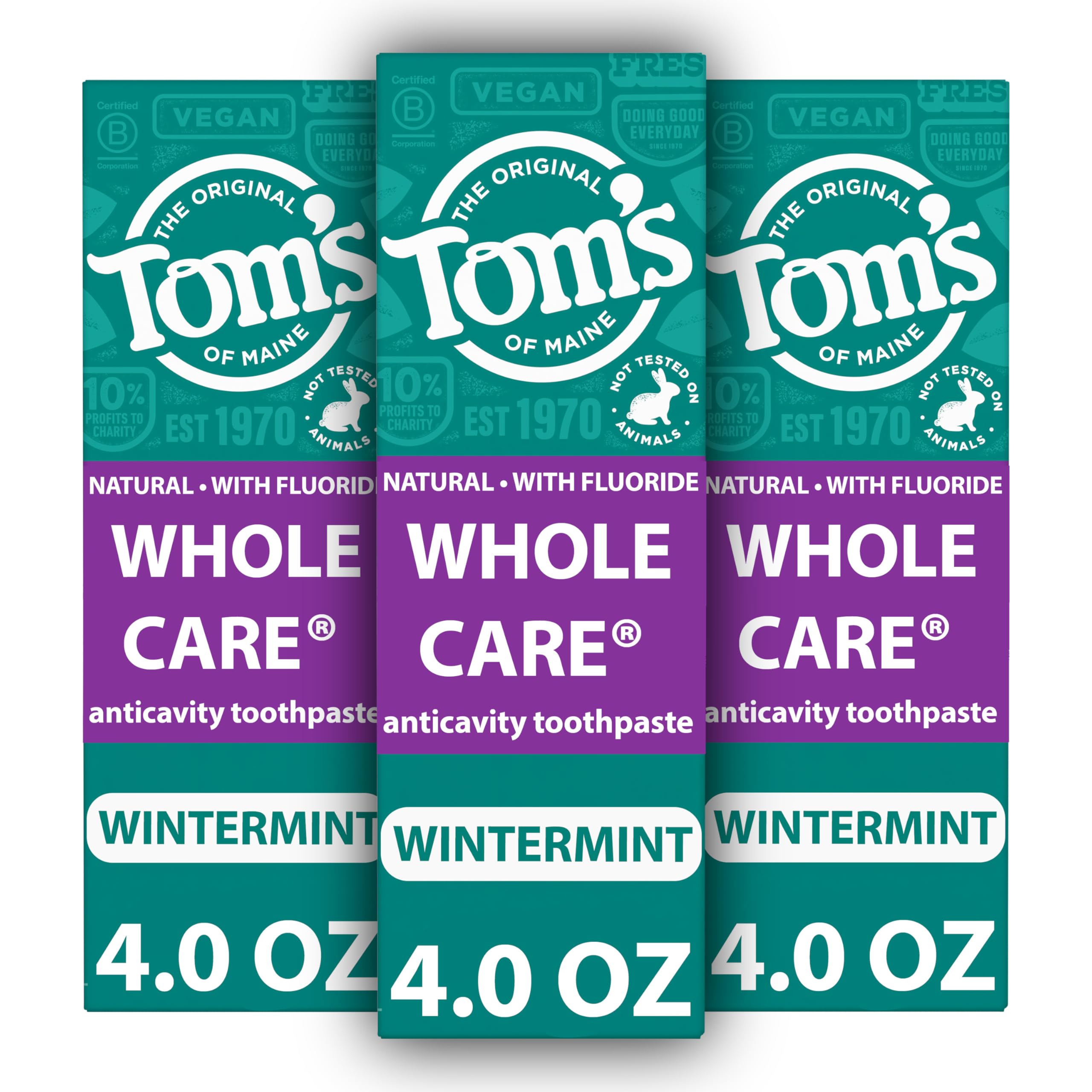 Tom's of Maine frente del paquete mostrando las tres unidades y beneficios