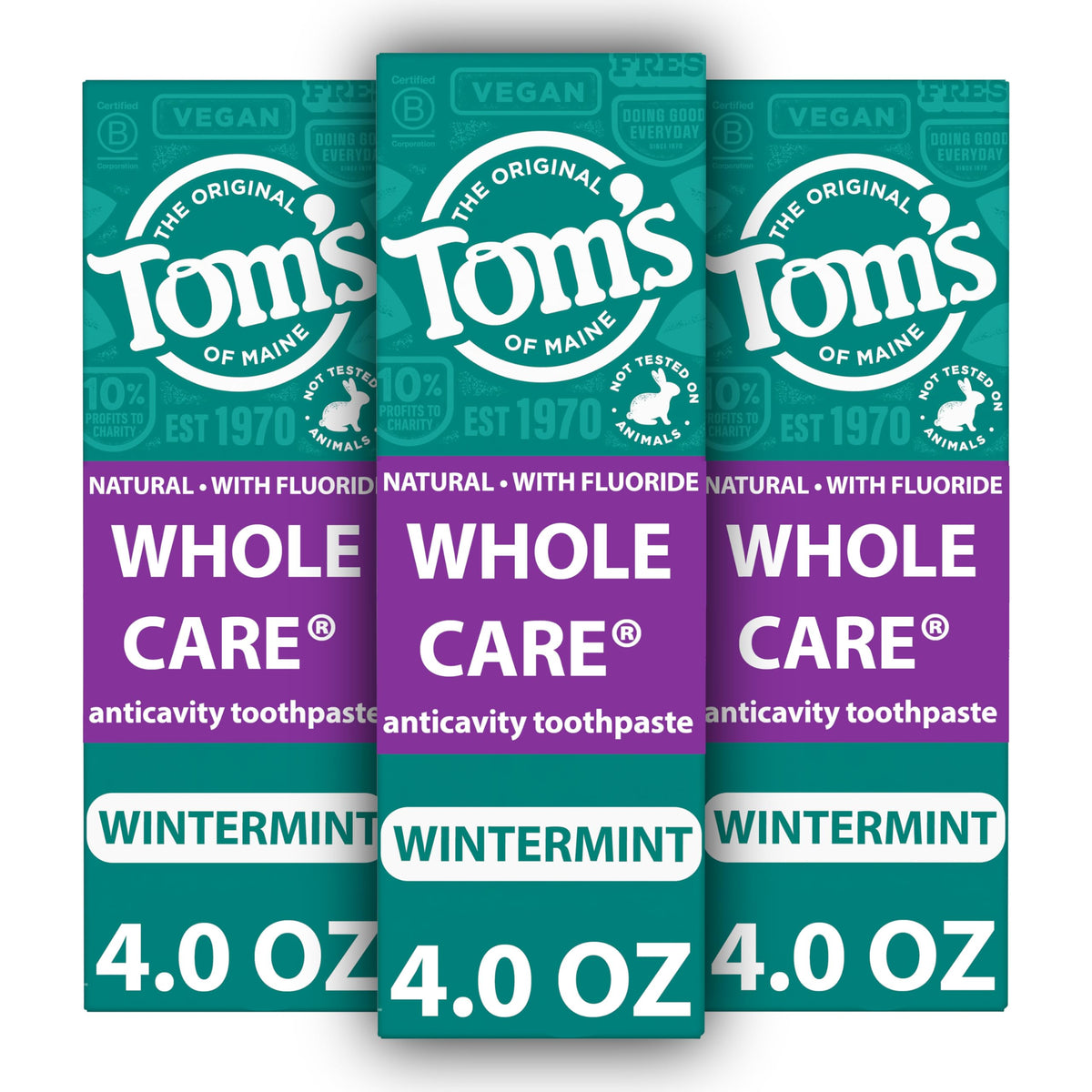 Tom's of Maine frente del paquete mostrando las tres unidades y beneficios