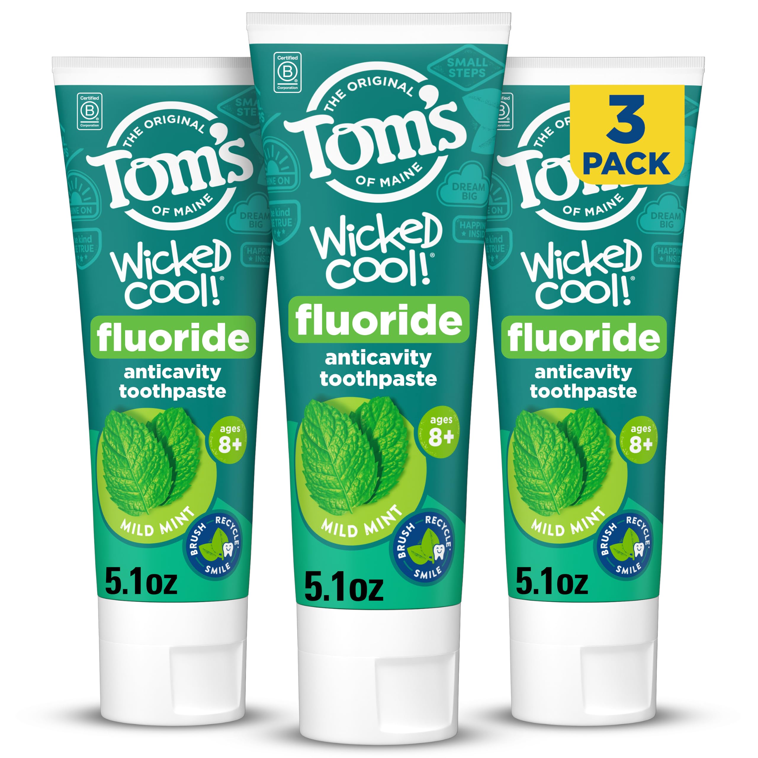 Tom's of Maine frente del paquete mostrando los tres tubos y beneficio conveniencia