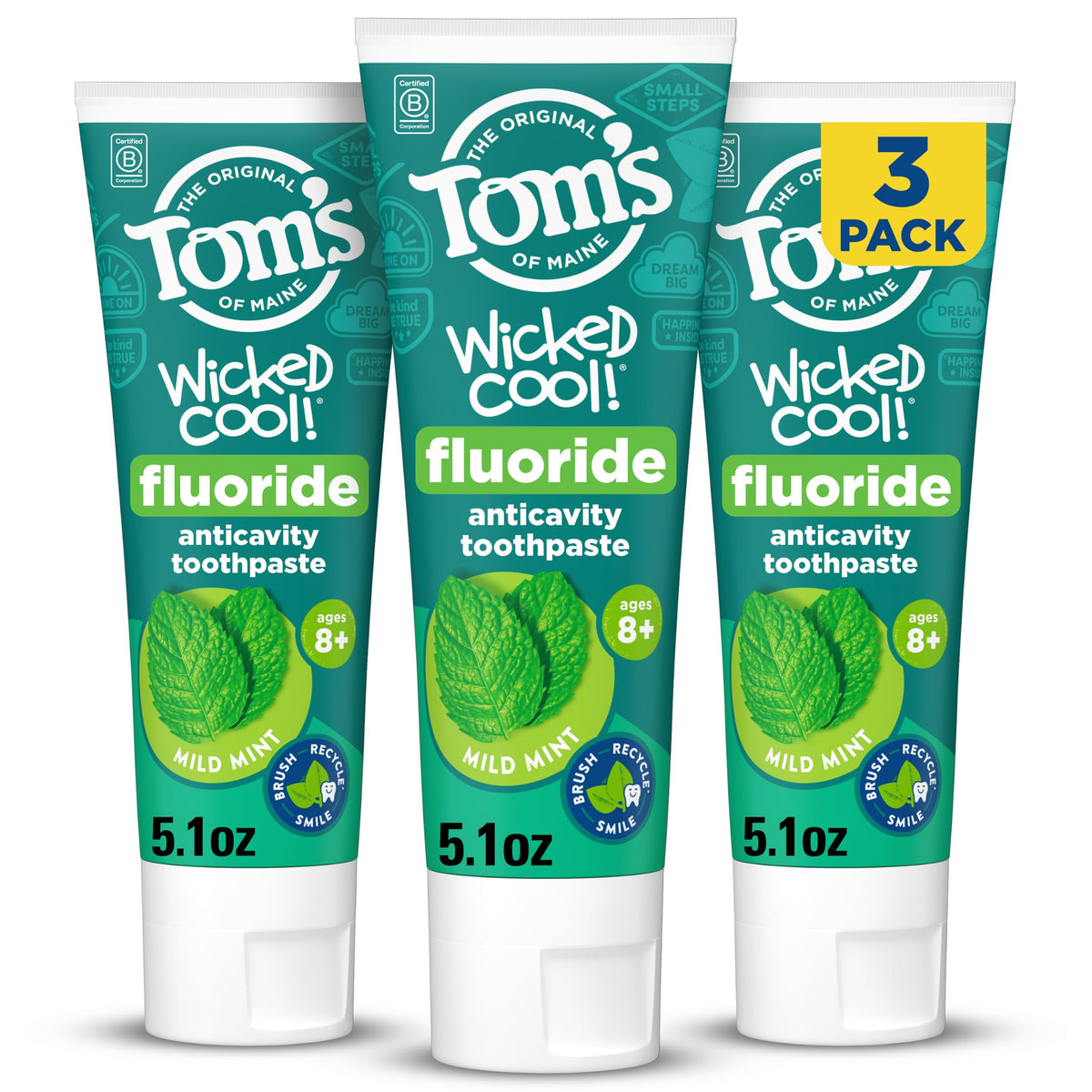 Tom's of Maine frente del paquete mostrando los tres tubos y beneficio conveniencia
