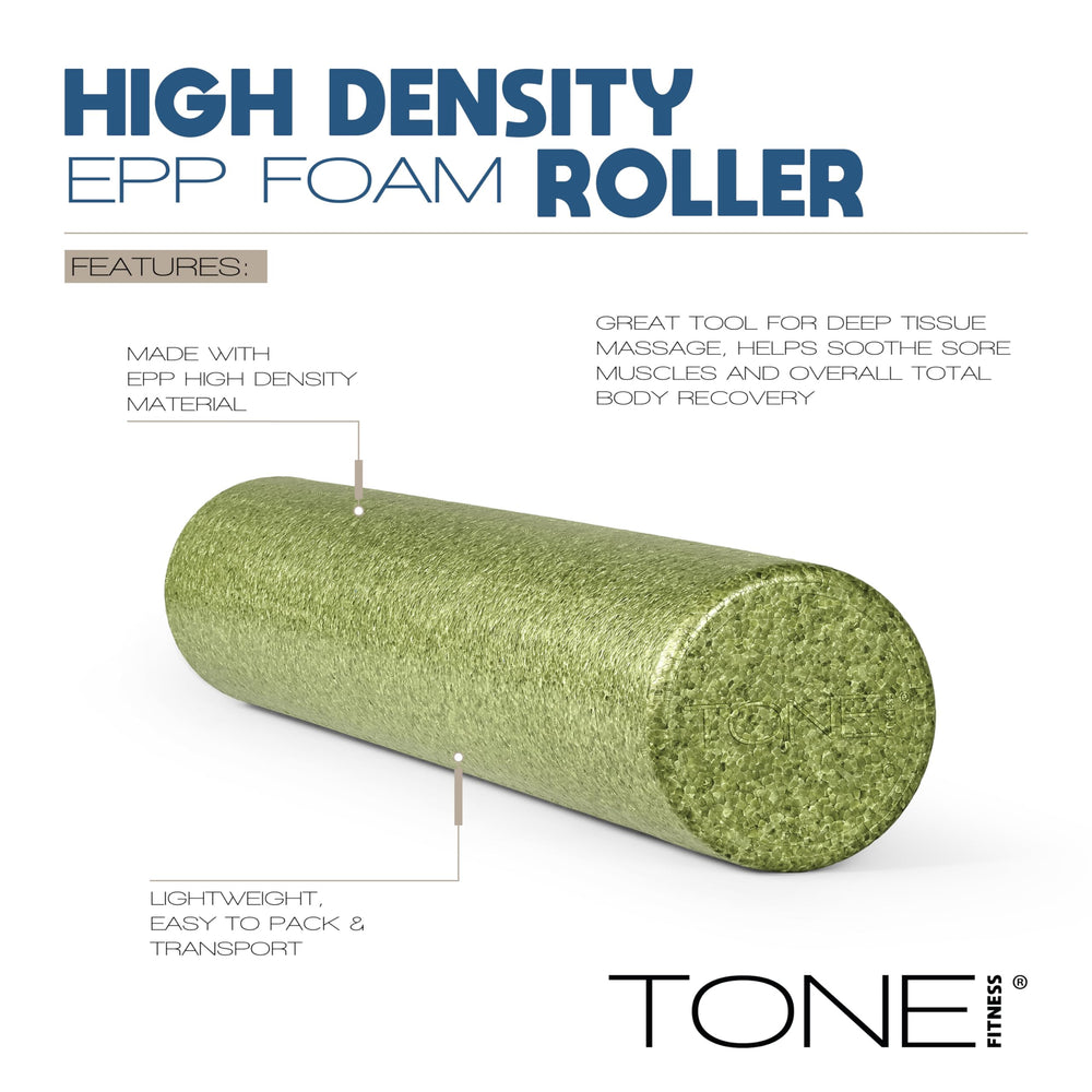Tone Fitness roller length beside yoga mat illustrating 36-inch support advantage