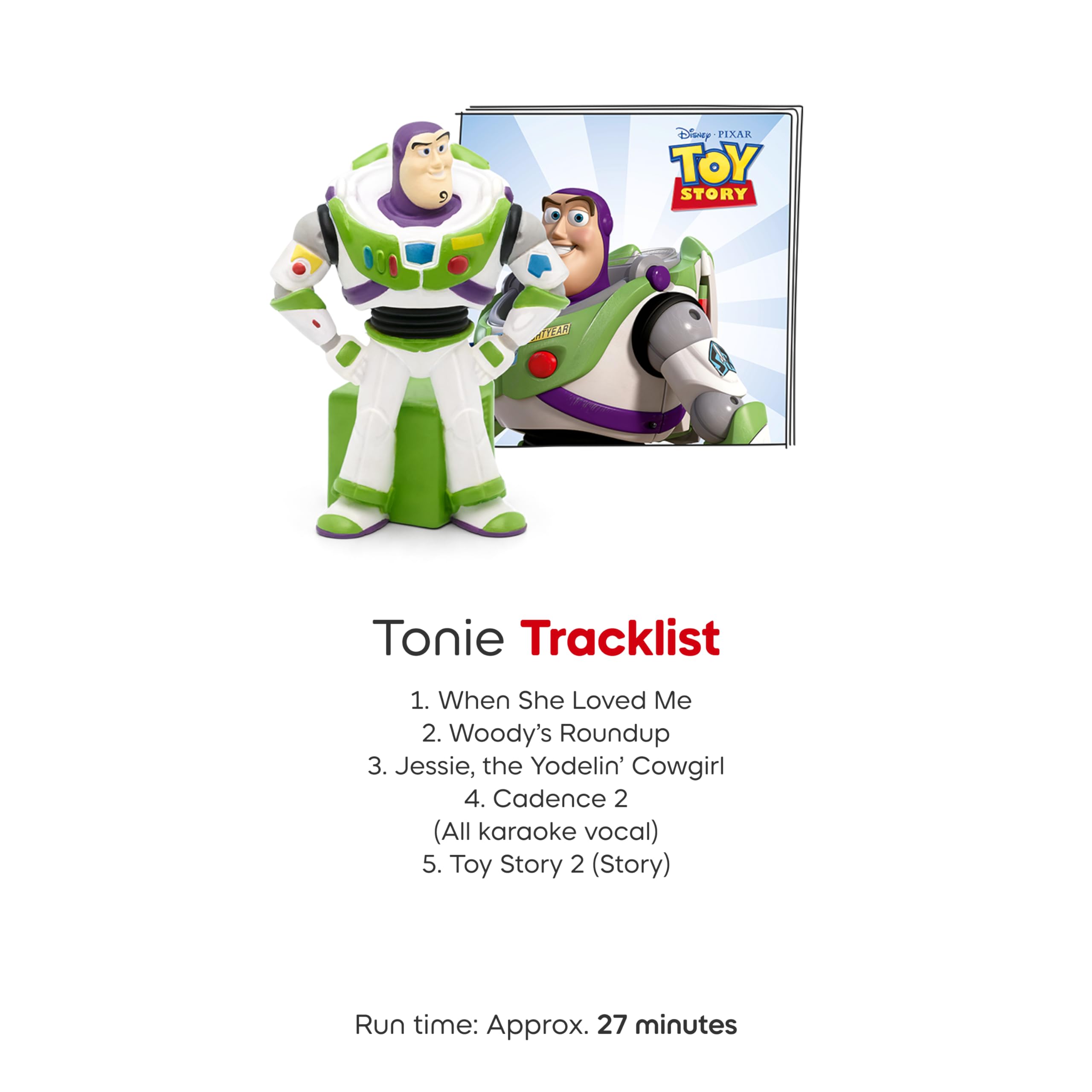 Tonies Buzz Lightyear detalle de etiqueta con listado de canciones y duración