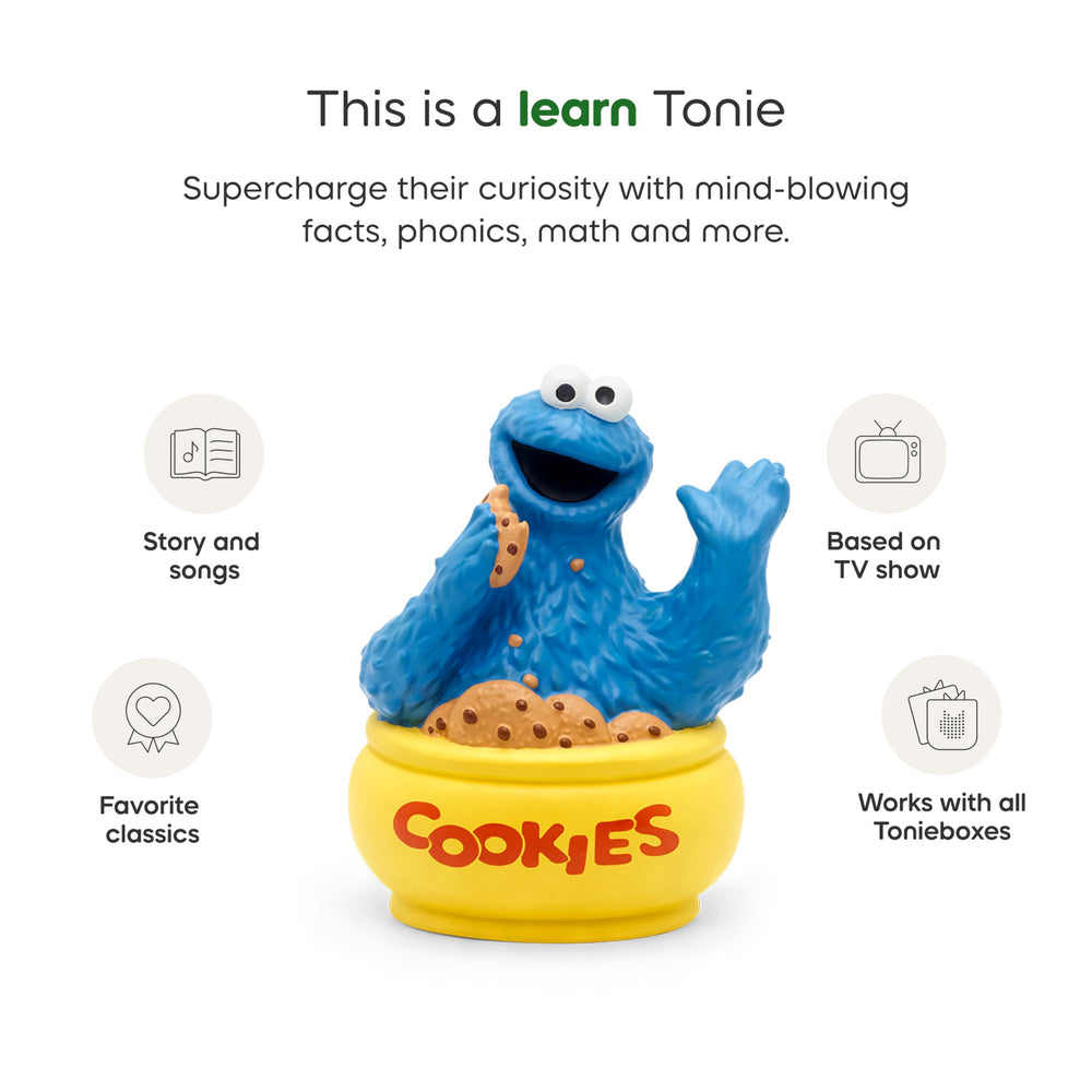 Tonies Cookie Monster junto a una regla mostrando tamaño y proporción