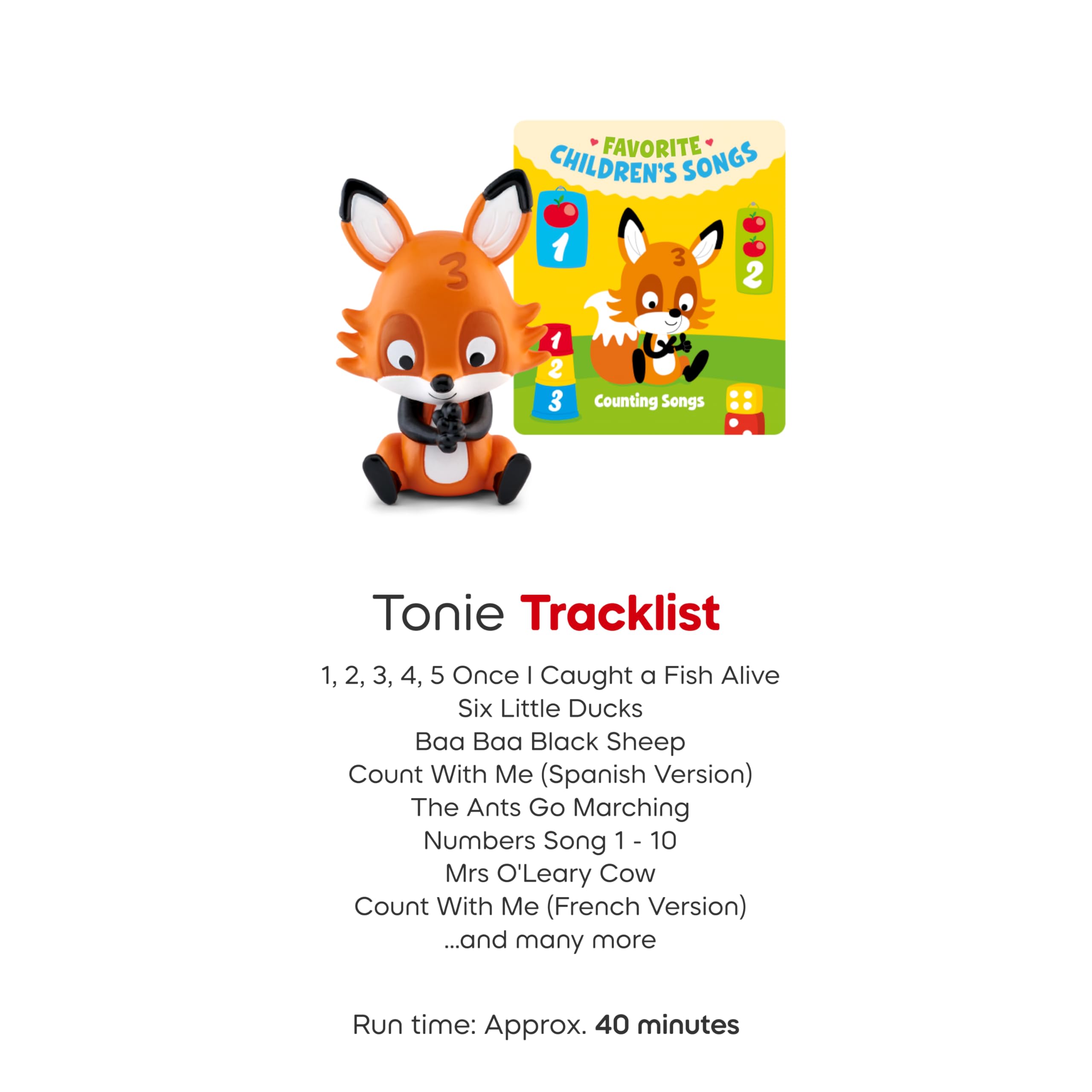 Tonies etiqueta con tracklist y duración que informa al cuidador rápidamente
