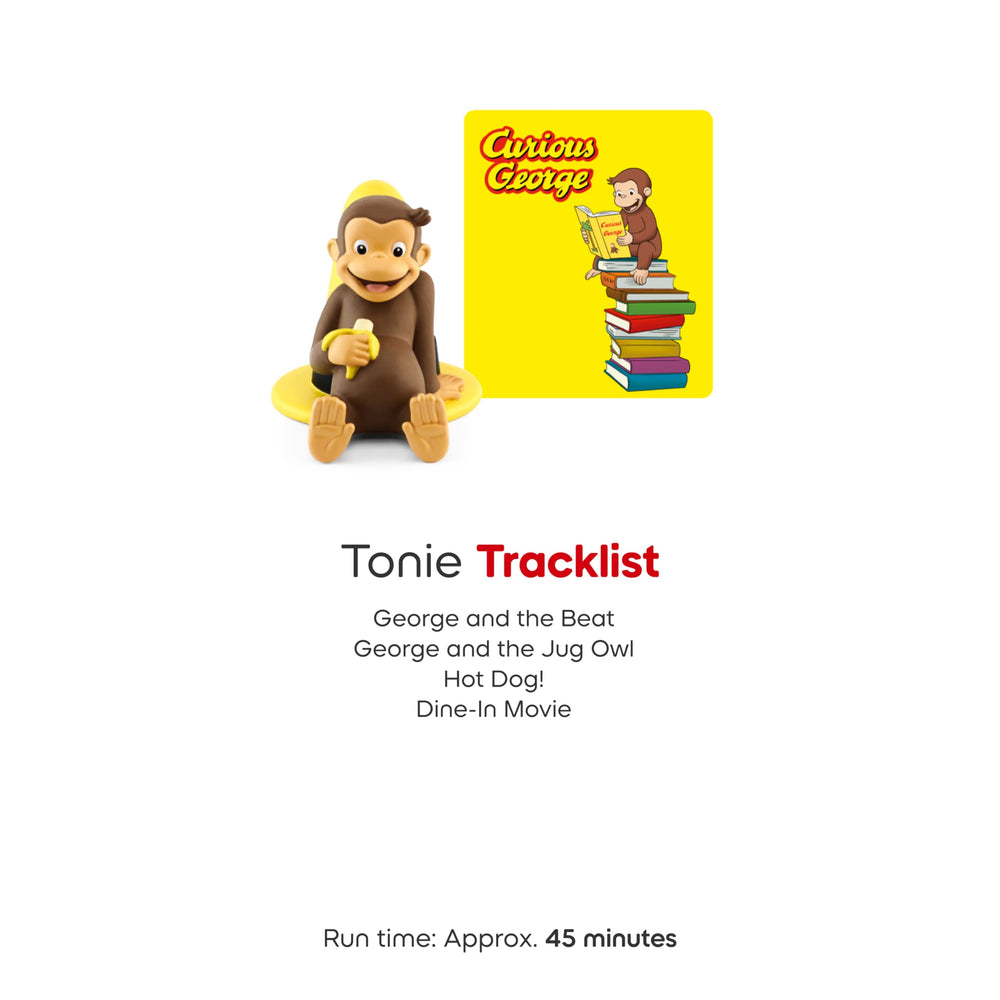 Tonies Curious George etiqueta con lista de pistas y duración total