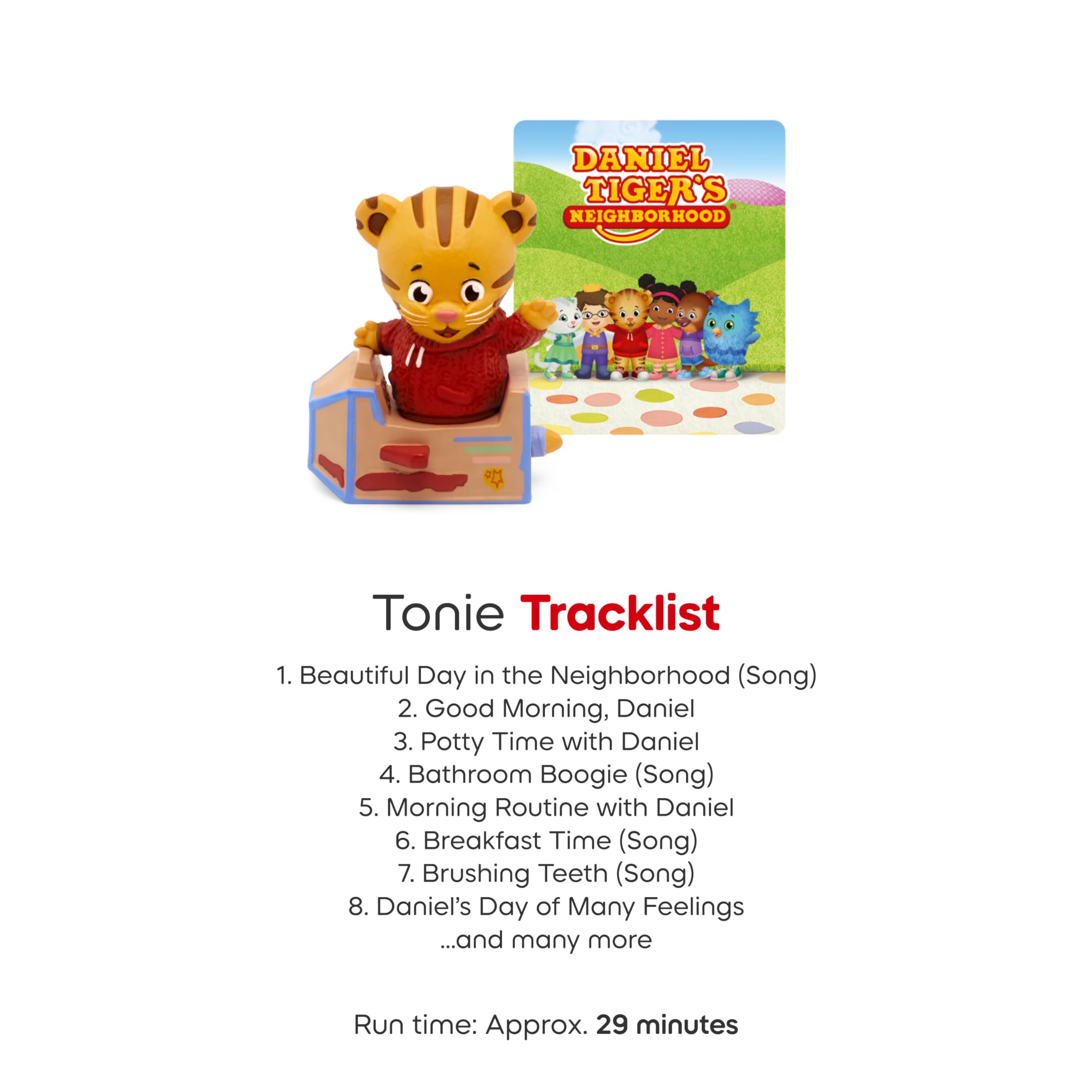 Tonies Daniel the Tiger detalle de la etiqueta con información de pistas y duración