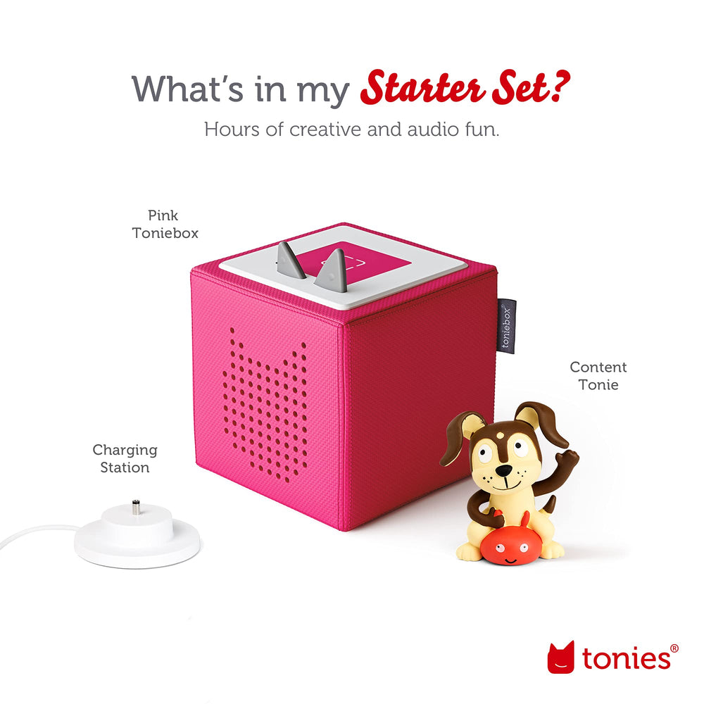 Tonies Toniebox en su base de carga portátil mostrando facilidad de carga