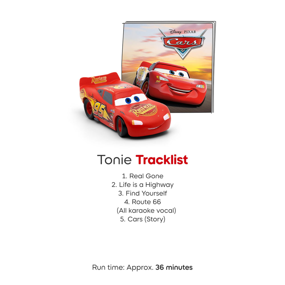 Tonies Lightning McQueen etiqueta con información de pistas y duración de audio