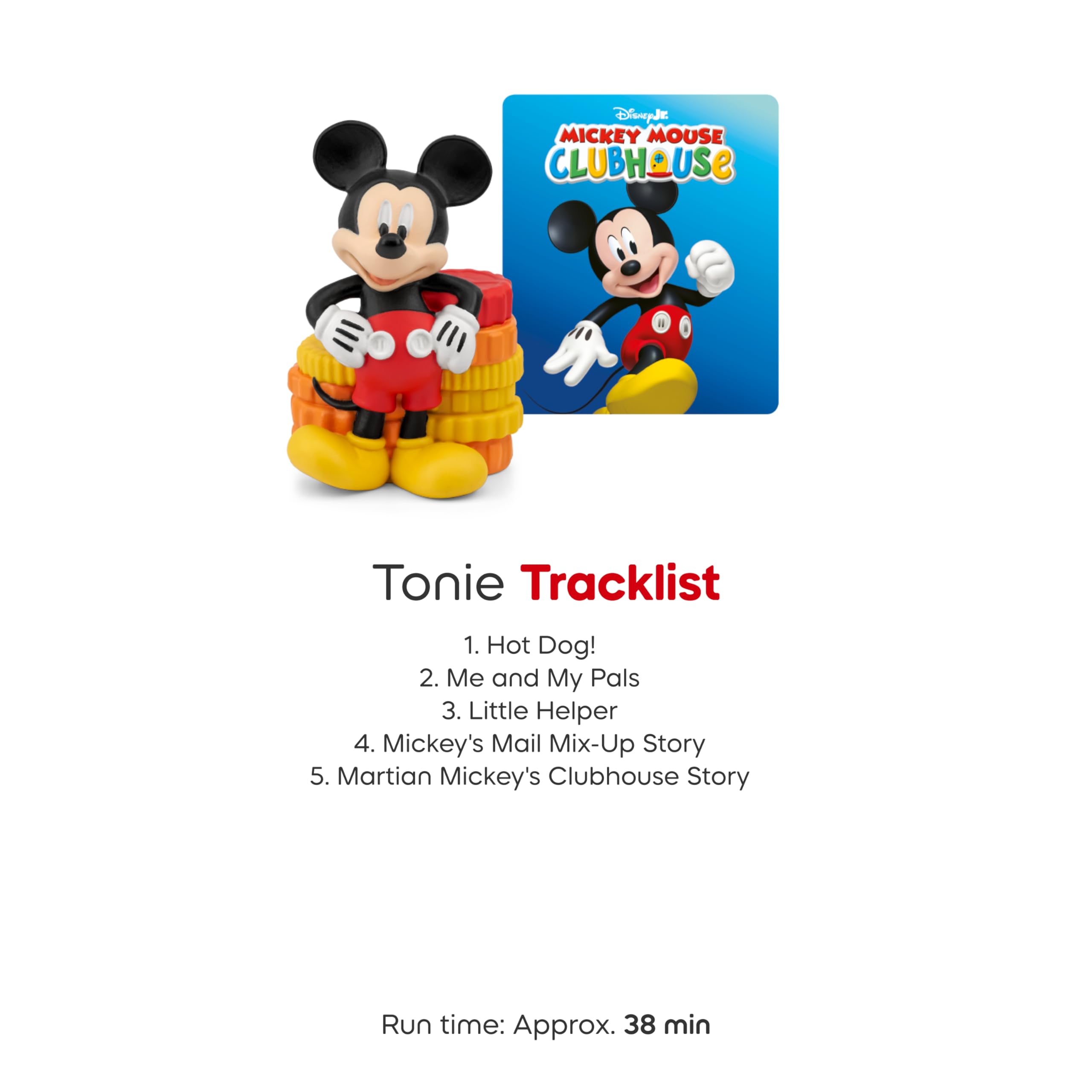 Tonies Mickey junto a una mano para mostrar escala y tamaño apto para niños