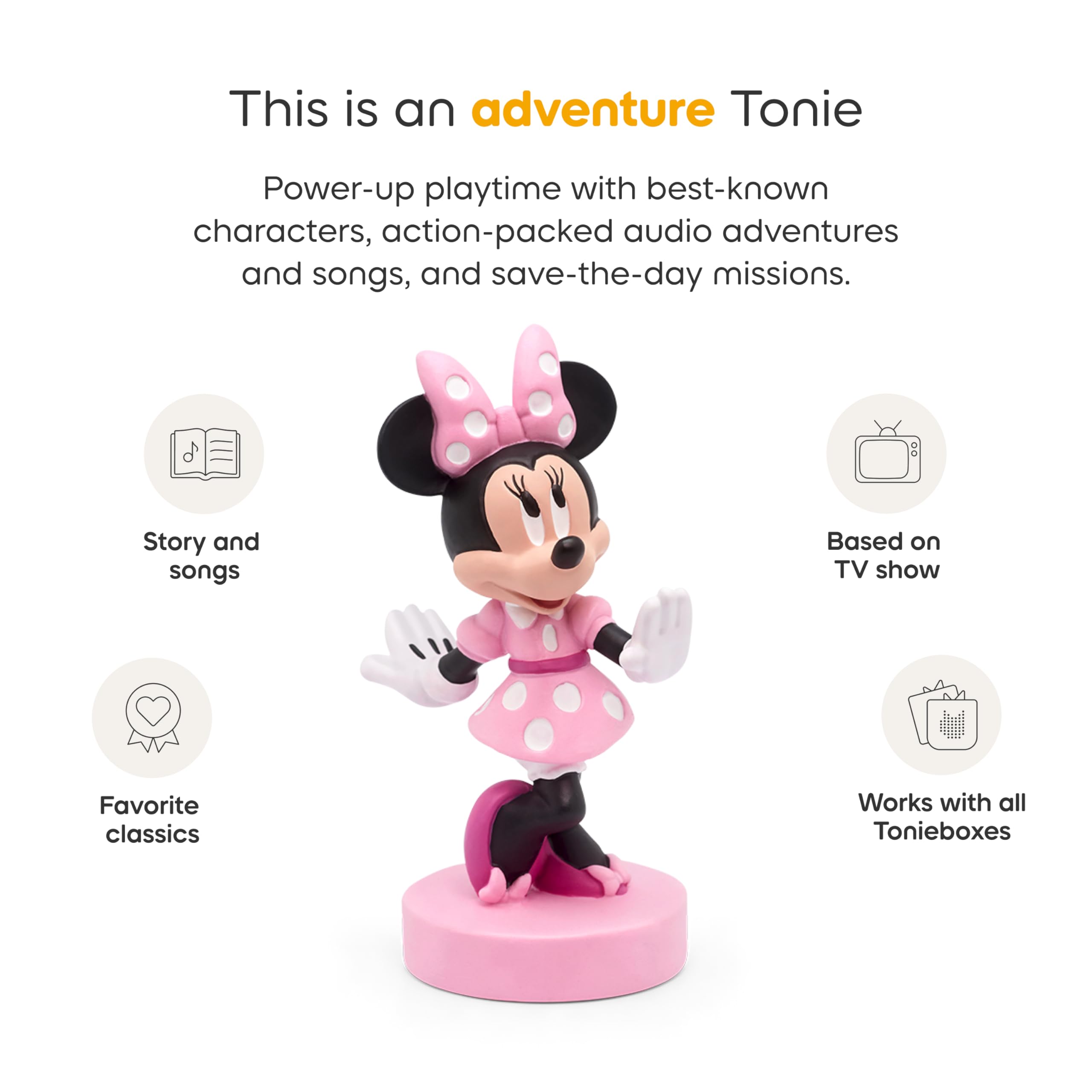 Tonies Minnie junto a una mano muestra tamaño manejable para niños