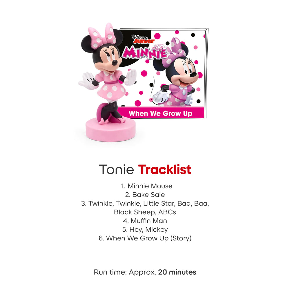 Tonies Minnie embalaje y etiqueta con información de pistas y edad