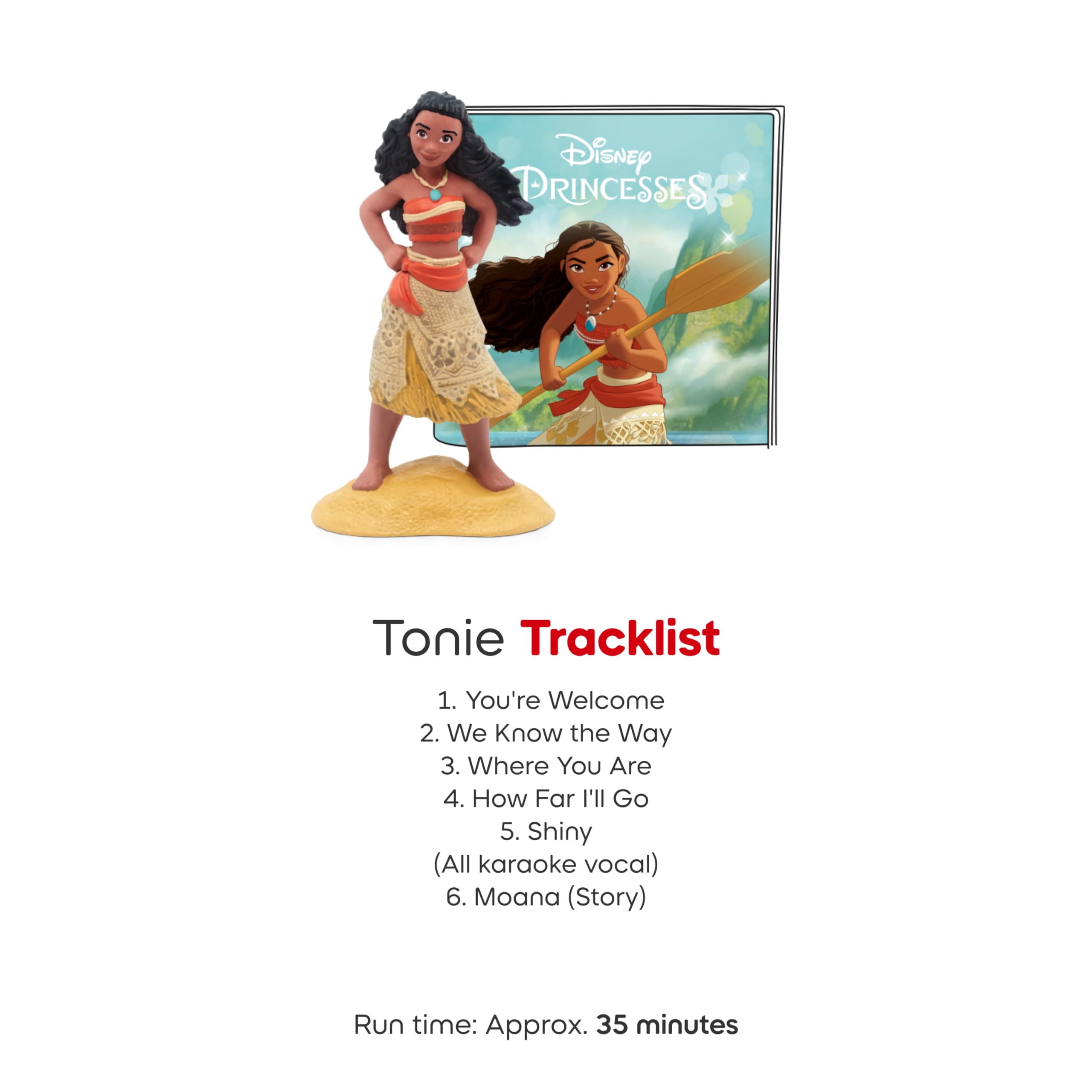 Caja y etiqueta oficial de Tonies Moana con información del contenido, identificación clara Tonies