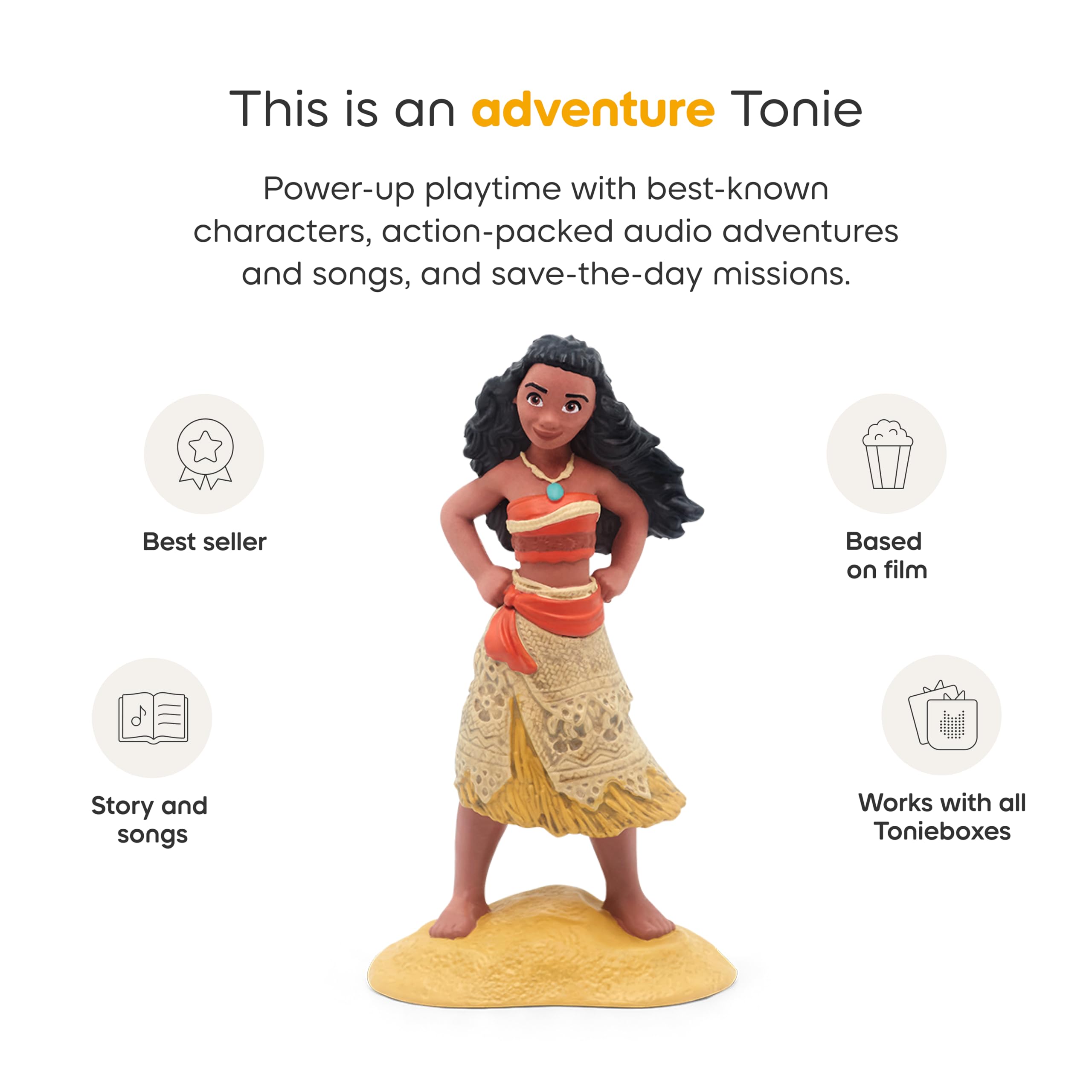 Comparación de tamaño de Tonies Moana con una mano infantil, escala y portabilidad Tonies