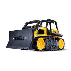 Tonka front view bulldozer showing steel body and strong construction benefit