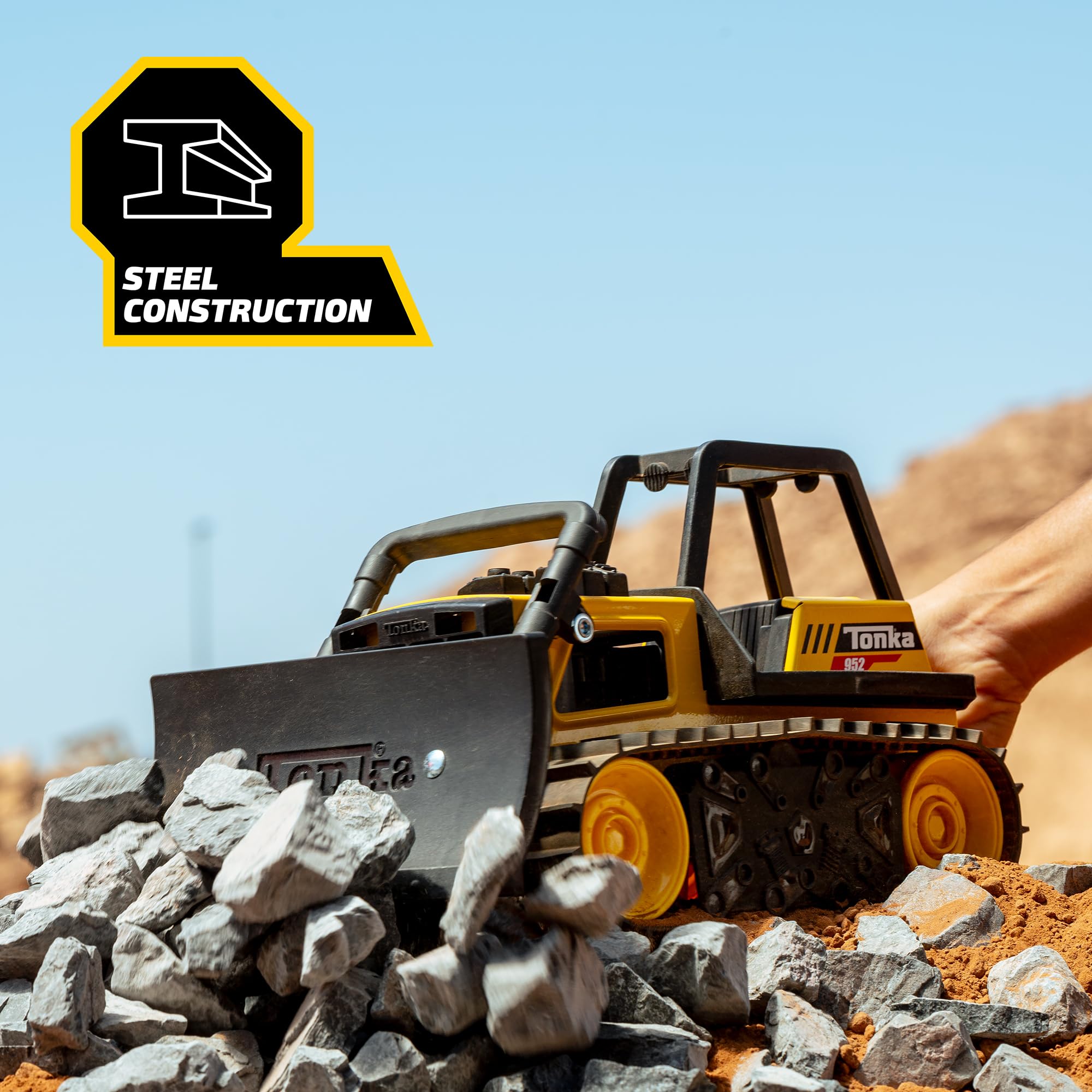 Tonka side profile bulldozer displaying articulated blade and play realism benefit