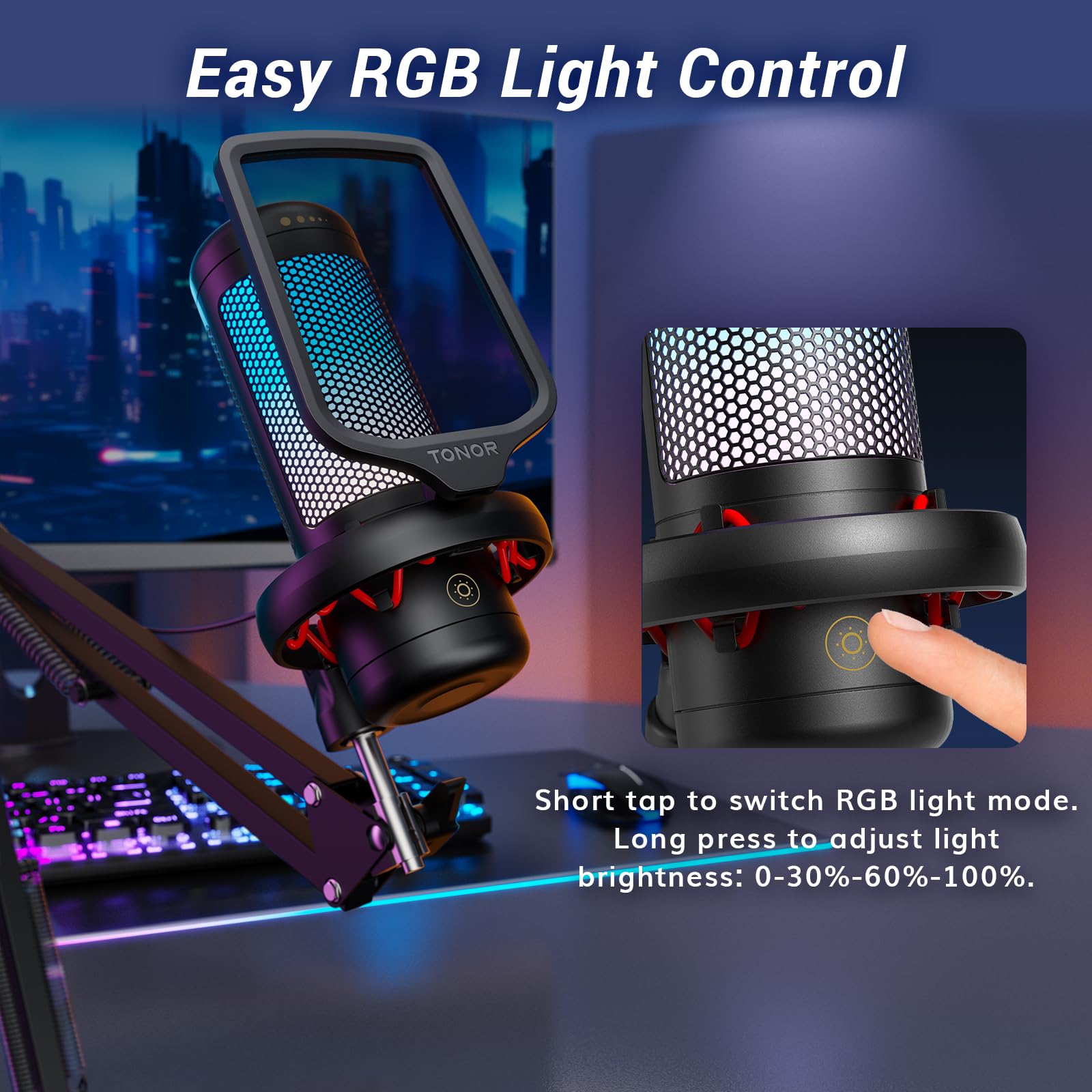 TONOR TC310+ iluminación RGB mostrando colores, ambiente personalizable