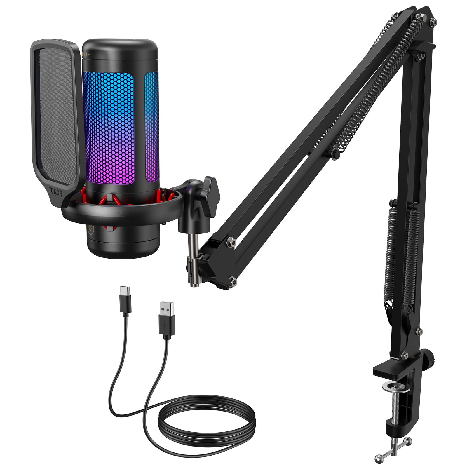 TONOR TC310+ vista frontal del micrófono y brazo, aspecto profesional