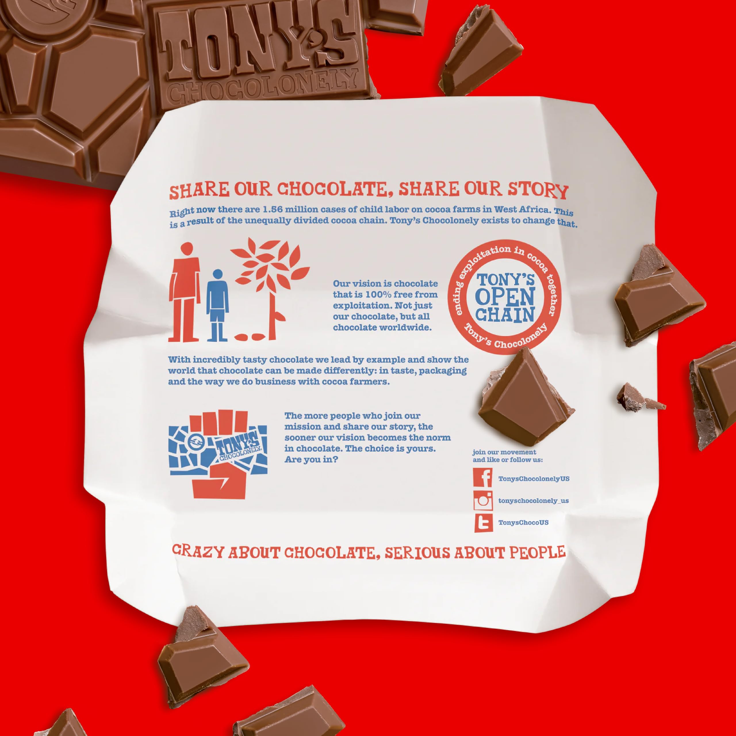 Tony’s Chocolonely etiqueta con información de origen y sostenibilidad