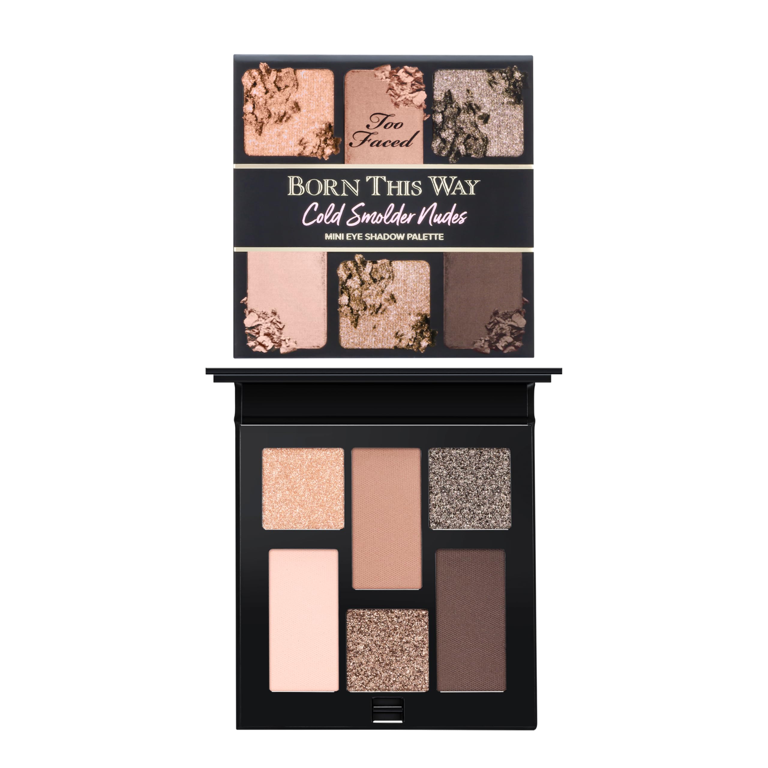 Too Faced paleta frontal muestra 6 tonos fríos y beneficios portabilidad