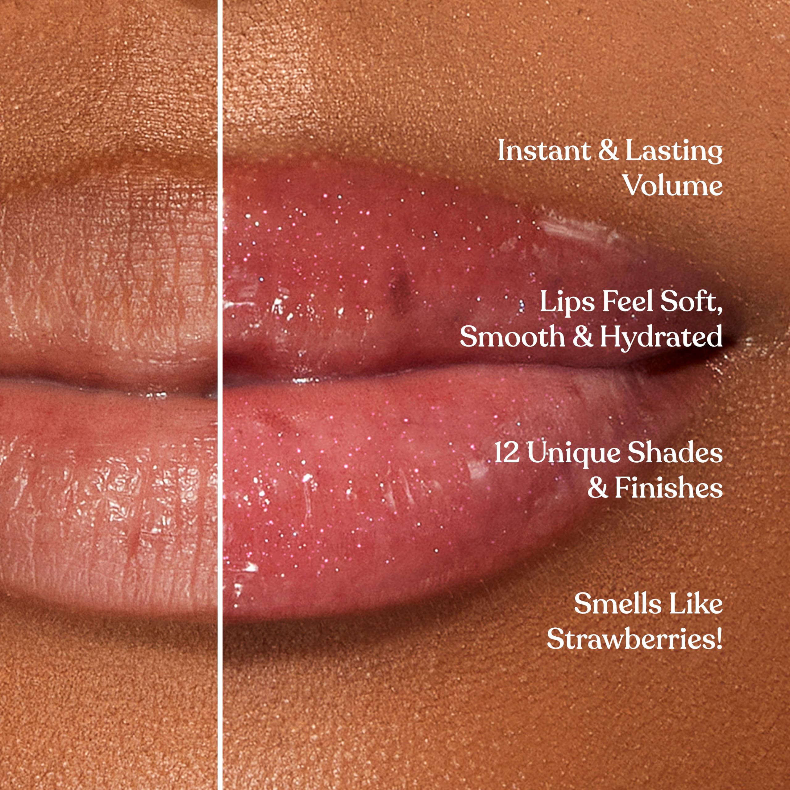 Too Faced gloss aplicado en labios con brillo intenso y efecto voluminizador
