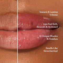 Too Faced gloss aplicado en labios con brillo intenso y efecto voluminizador
