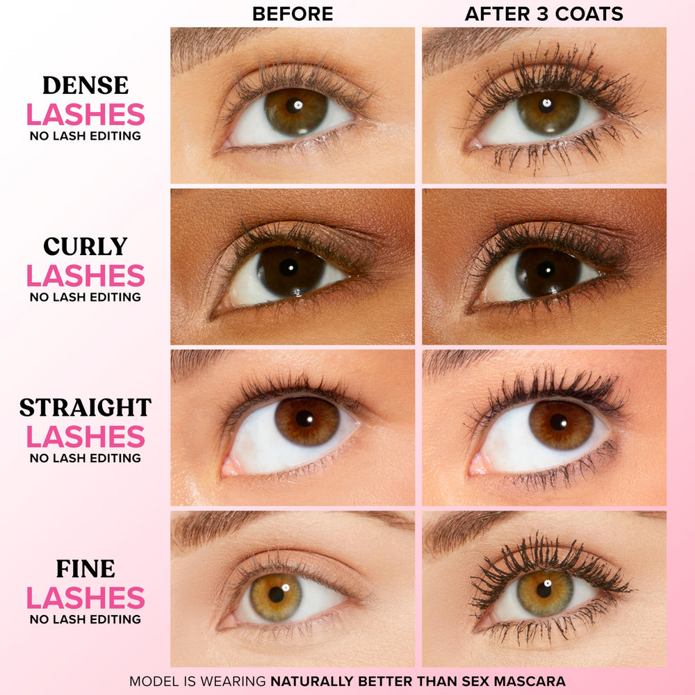 Too Faced cepillo en forma de reloj de arena separando pestañas para volumen