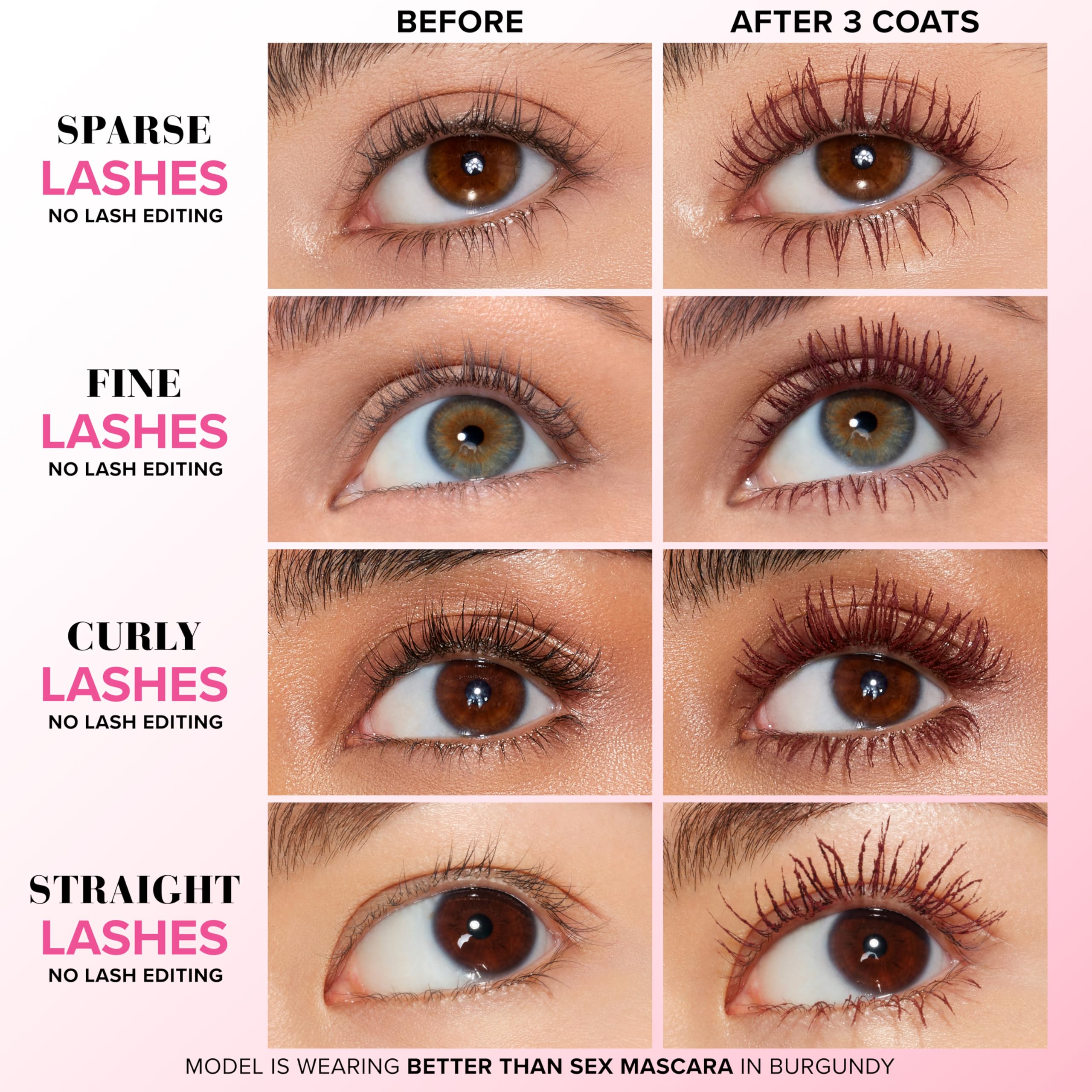Too Faced cepillo hourglass mostrando separación y recubrimiento preciso