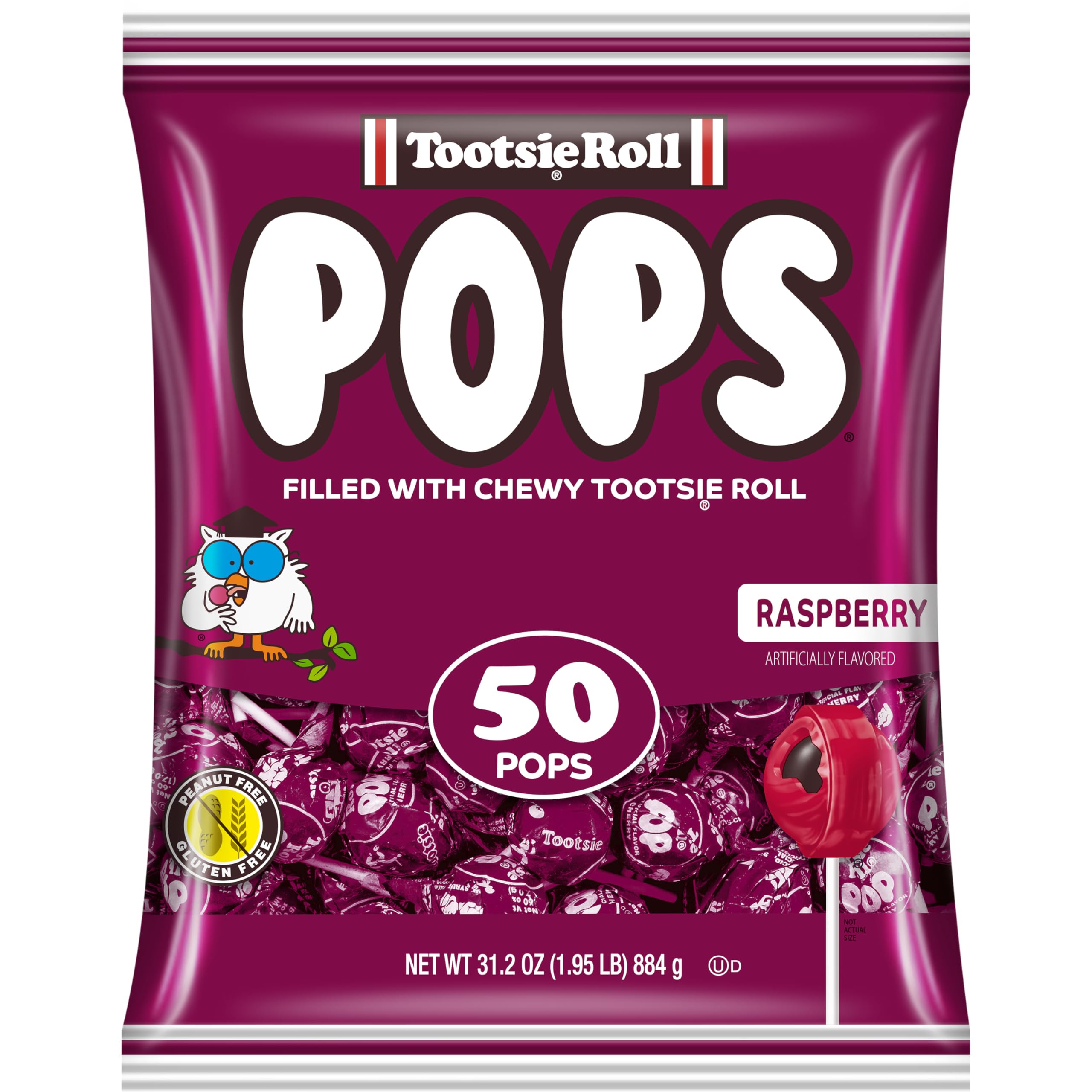 Tootsie Roll Tootsie Pops frambuesa paquete frontal muestra cantidad y diseño