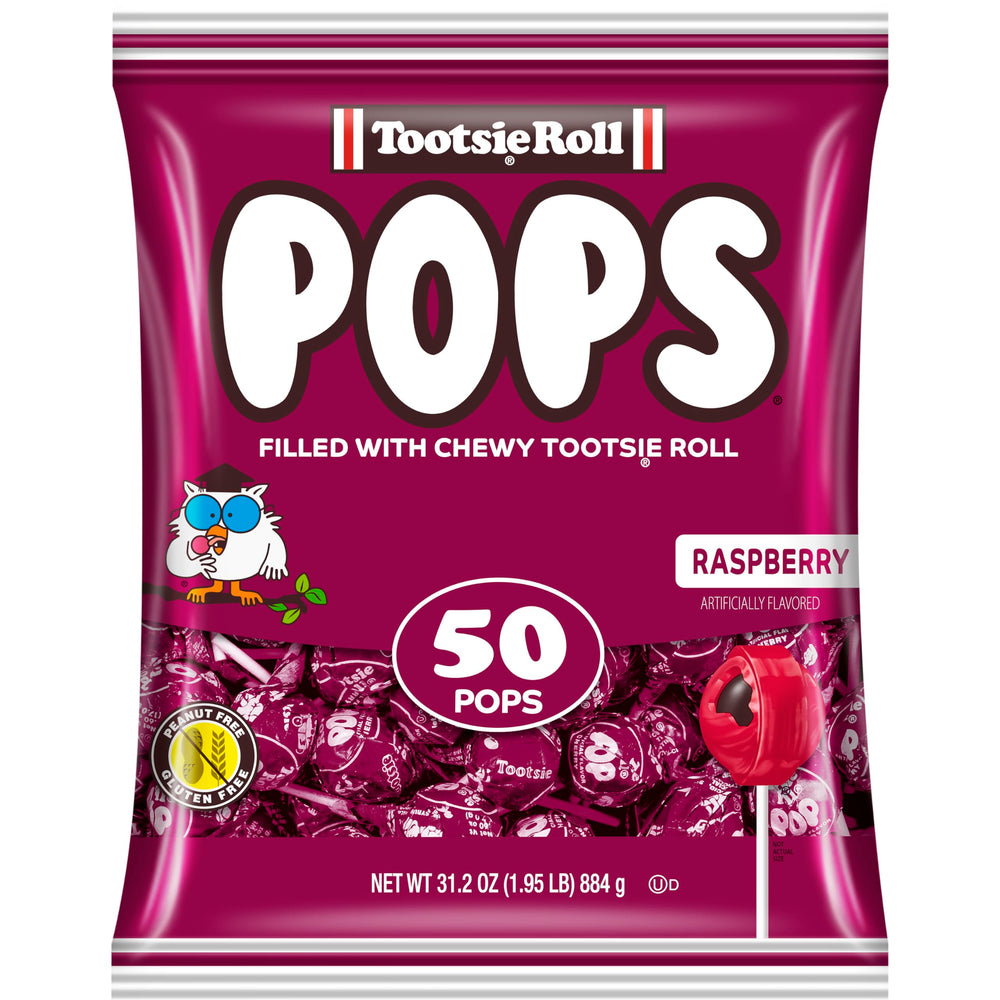 Tootsie Roll Tootsie Pops frambuesa paquete frontal muestra cantidad y diseño