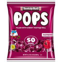 Tootsie Roll Tootsie Pops frambuesa paquete frontal muestra cantidad y diseño