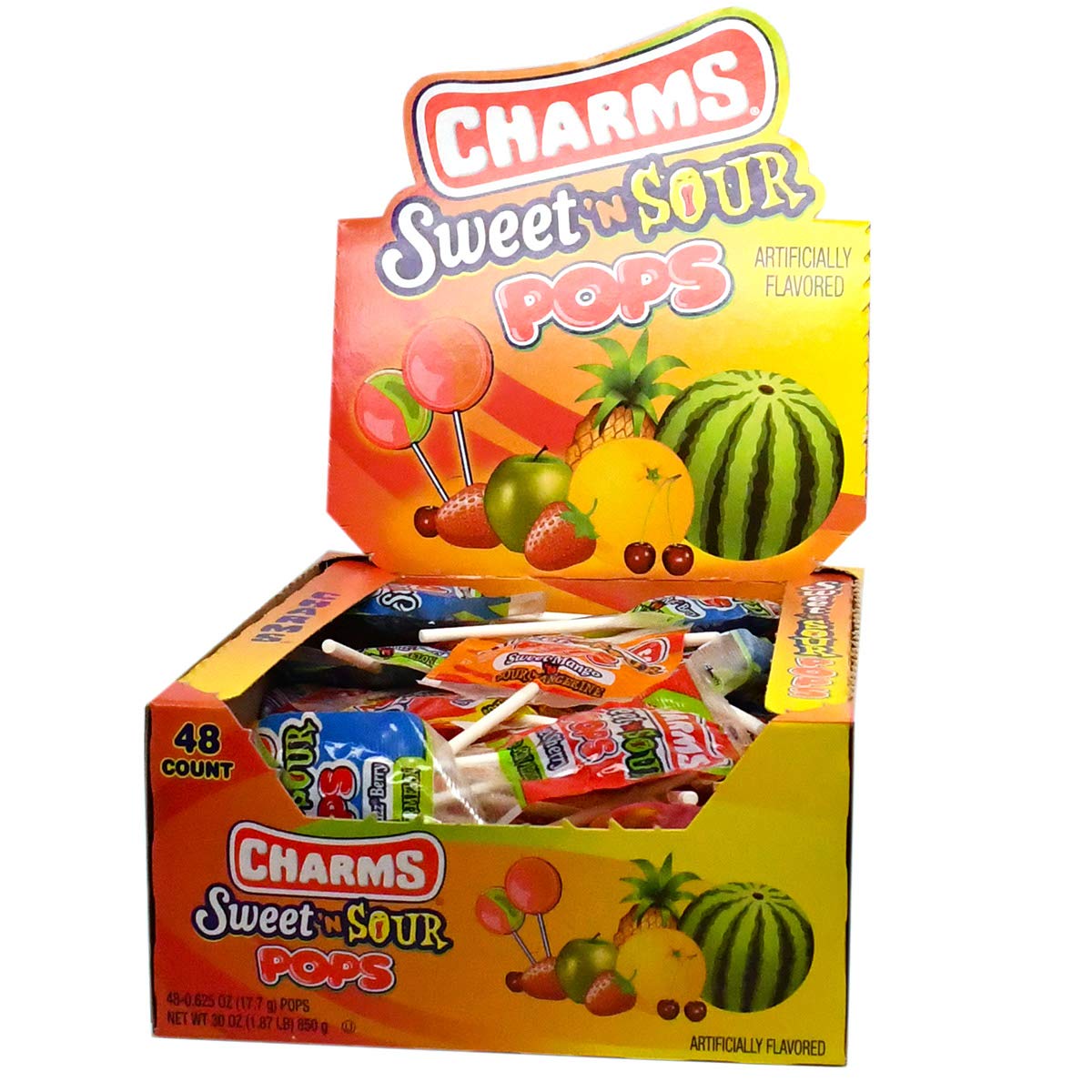 Tootsie Roll vista frontal de la caja mostrando 48 paletas, ideal para eventos