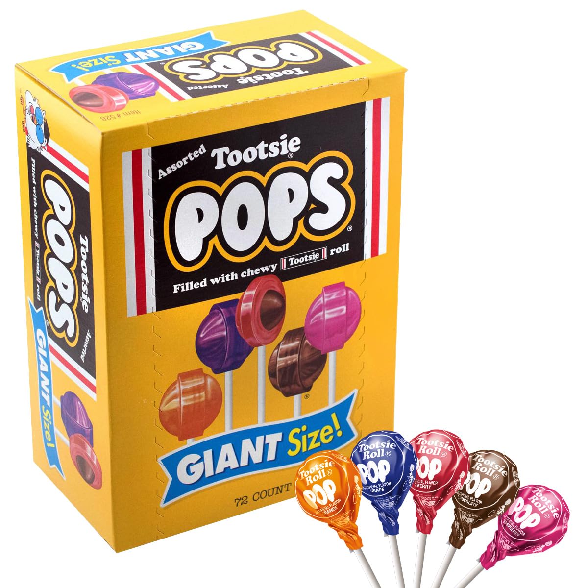 Tootsie Roll bolsa frontal mostrando 72 paletas gigantes y variedad visual