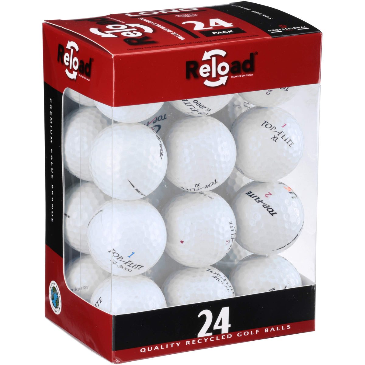 Top Flite frontal del paquete mostrando 24 pelotas blancas y ahorro