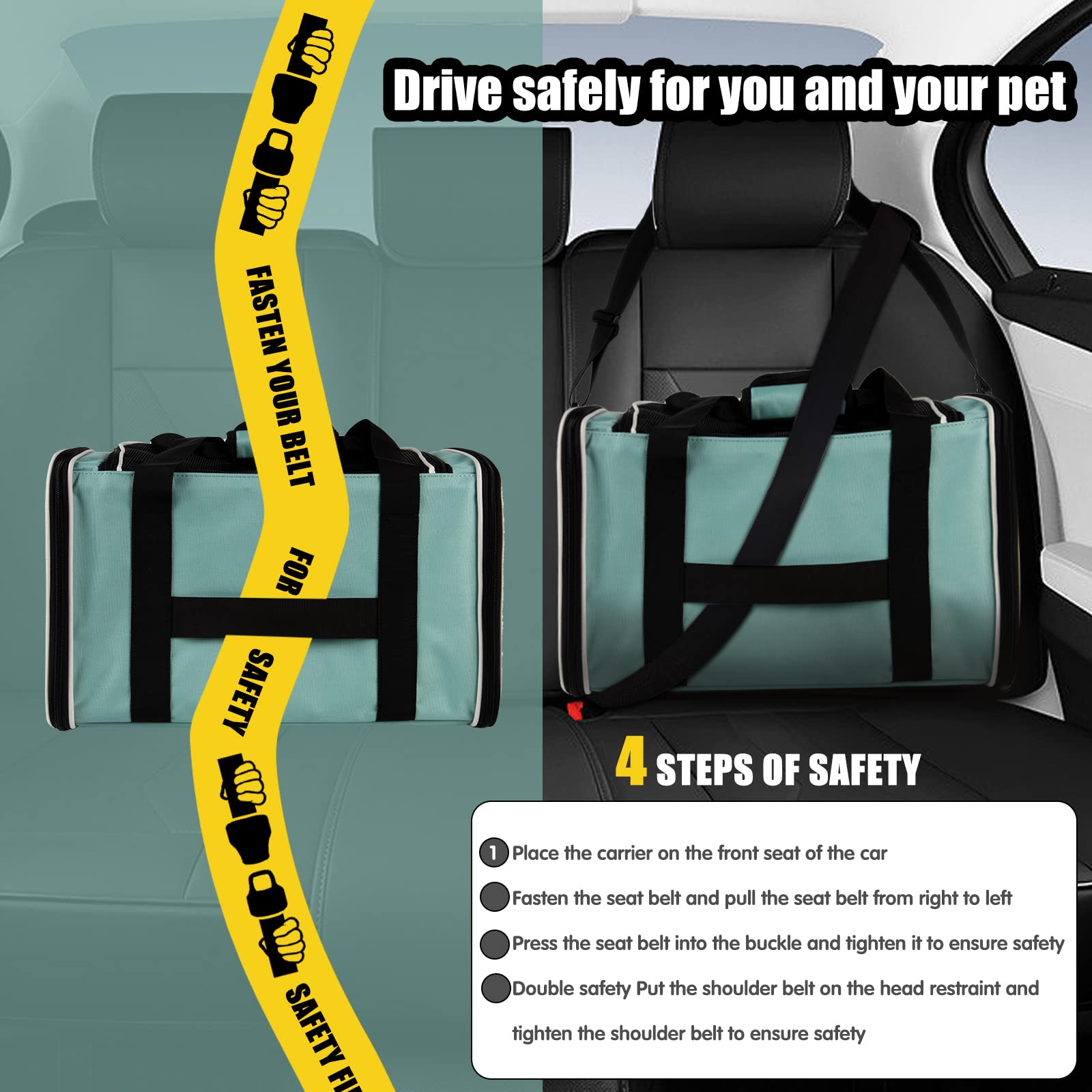 Top tasta transportín colocado en asiento de coche garantizando seguridad