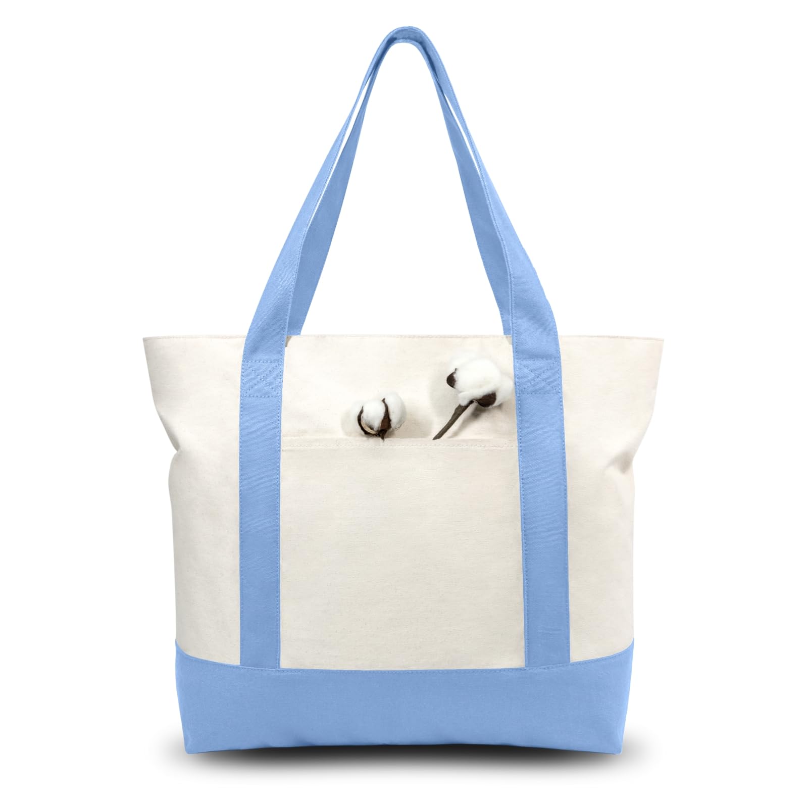 TOPDesign vista frontal del bolso tote azul claro mostrando capacidad práctica