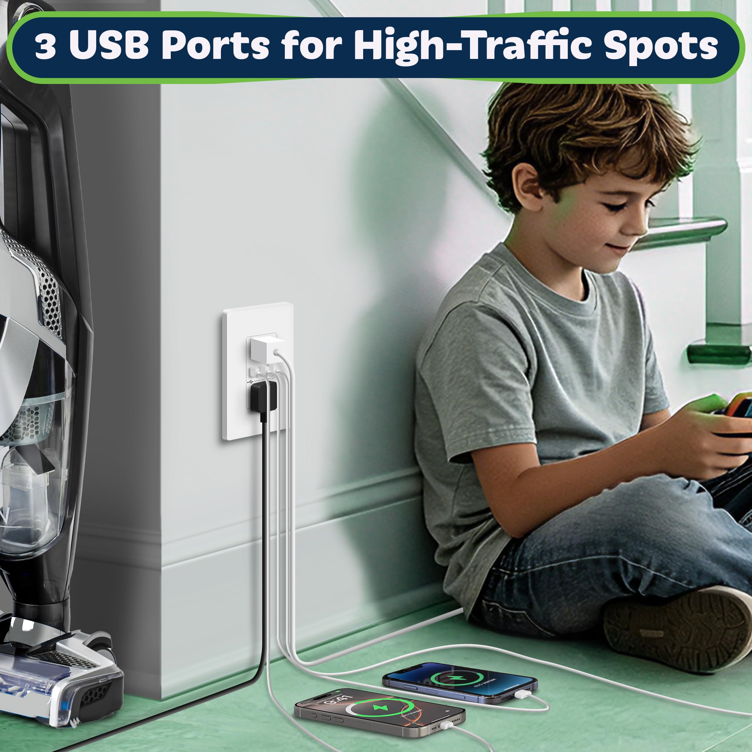 TOPGREENER puertos USB-A y USB-C visibles, acceso rápido y duradero