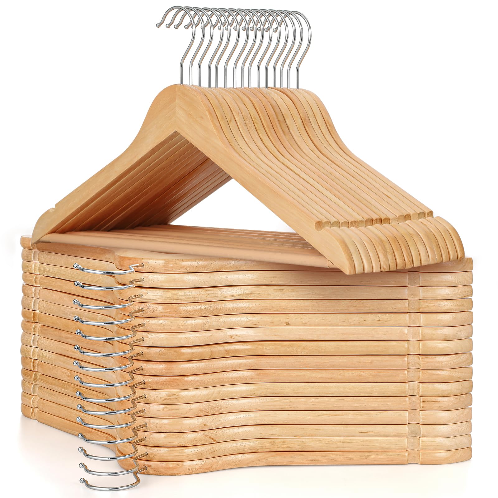 TOPIA HANGER vista frontal del pack de 30 perchas de madera, organiza y ahorra espacio