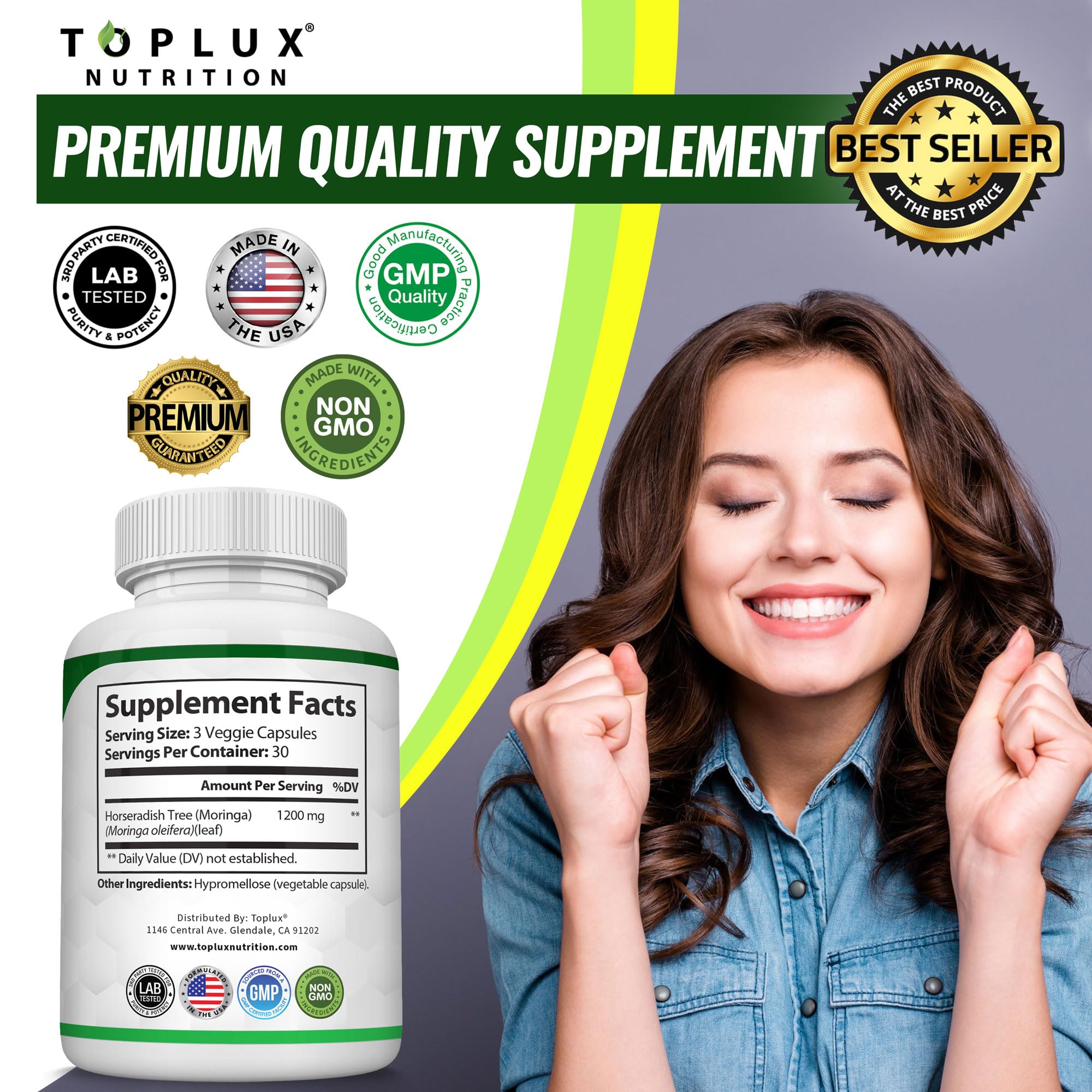 Toplux etiqueta con información y certificación GMP visible